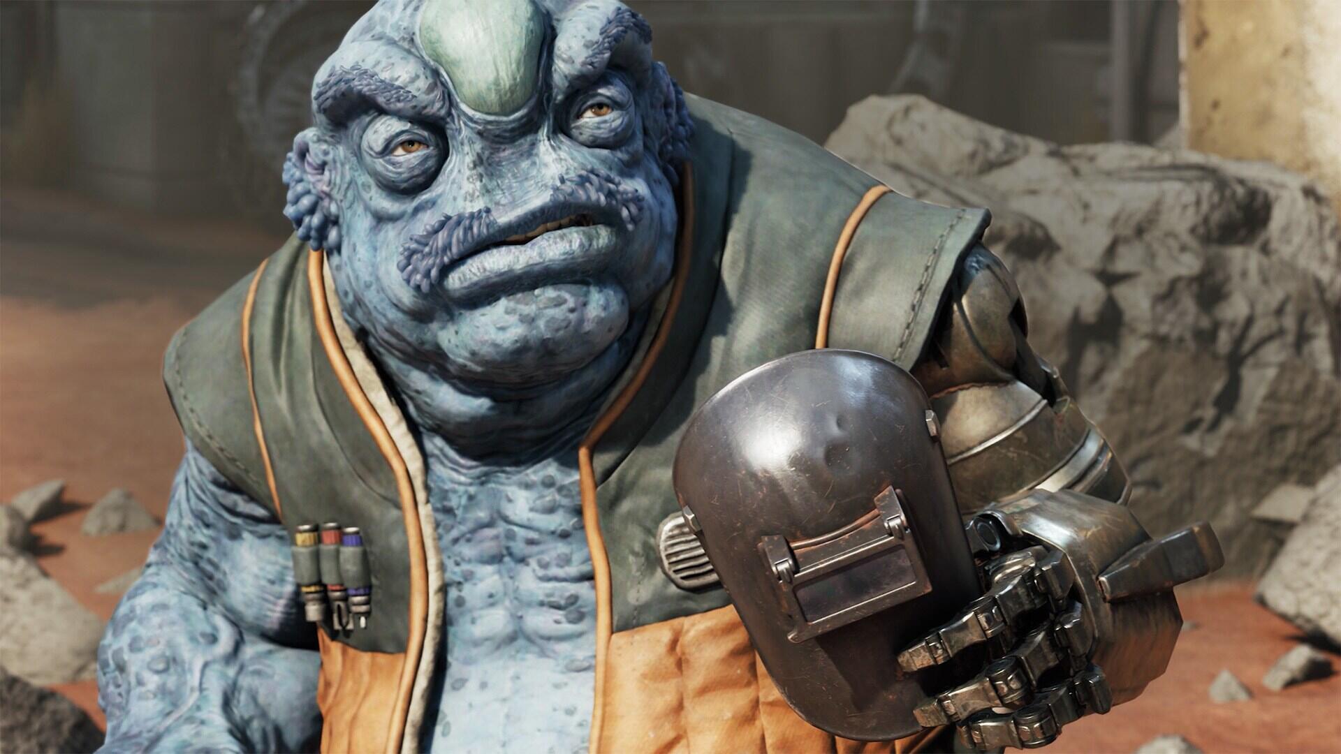 HD PC wallpaper from the video game Star Wars: Zero Company — a blue alien monster holding a helmet in a gritty Star Wars scene.