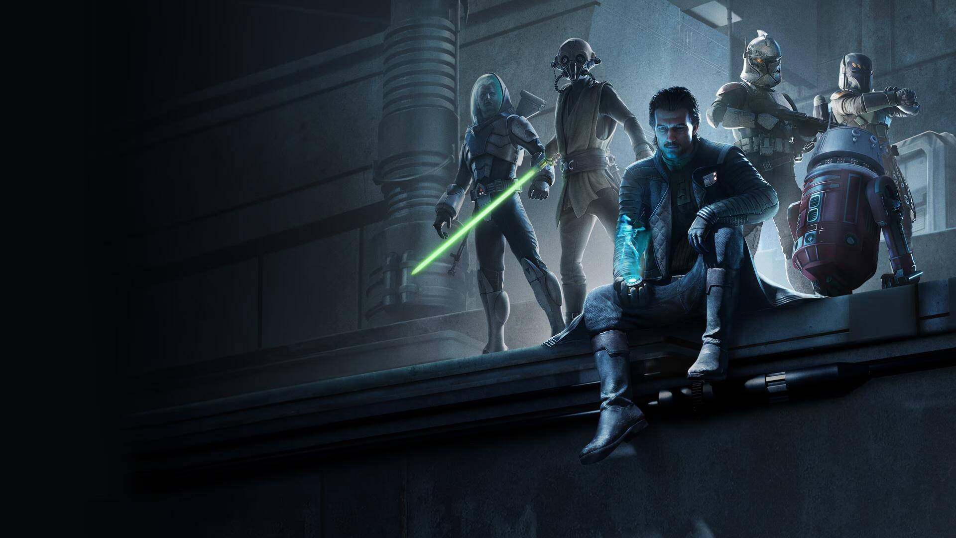 4K Ultra HD PC desktop wallpaper from the video game Star Wars: Zero Company — sci-fi scene of a squad with a green lightsaber, seated merc and droid on a dim industrial ledge.