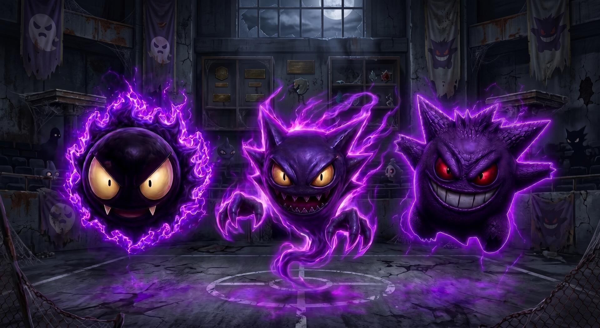 2K Quad HD PC Pokémon wallpaper showing Gastly, Haunter and Gengar in a ruined room, purple auras, glowing eyes and sinister grins conveying fear.