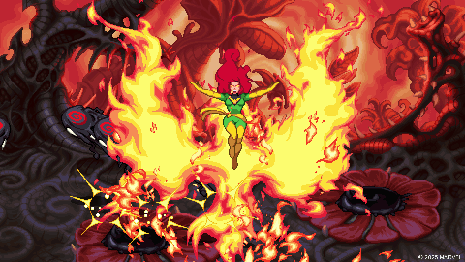 HD PC wallpaper of Phoenix (Marvel Comics): woman superhero rising in flaming, phoenix-shaped fire against a dark, cosmic MARVEL Cosmic Invasion video game background.