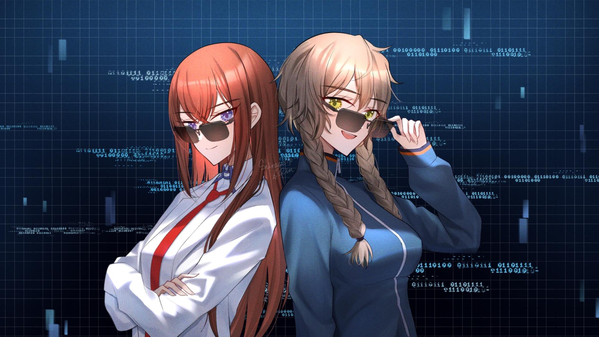 HD anime PC desktop wallpaper of Steins;Gate's Kurisu Makise and Suzuha Amane, back-to-back in sunglasses against a blue digital grid background.