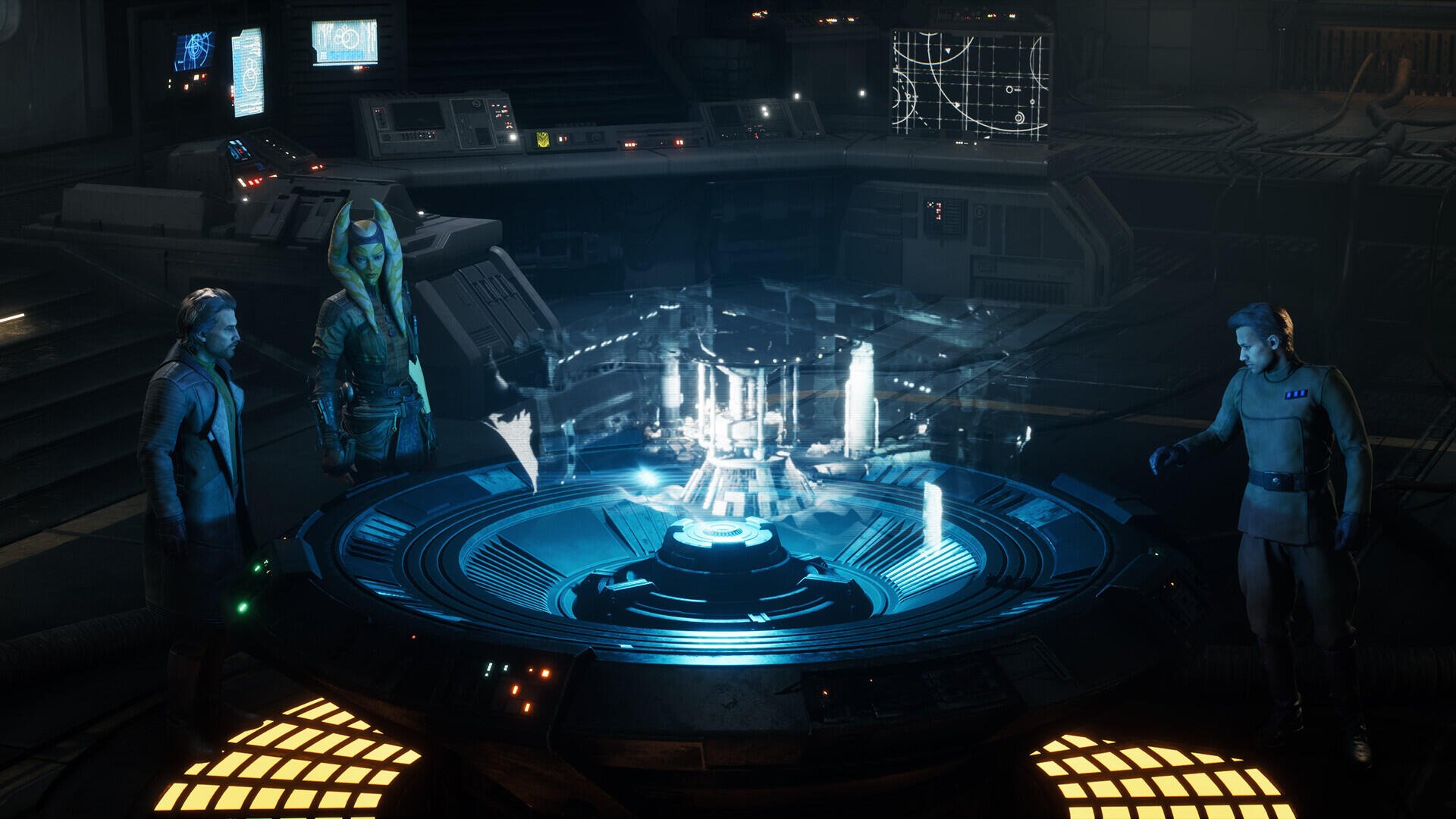 HD PC desktop wallpaper from the Star Wars: Zero Company video game — alien officers gather around a glowing hologram table on a dim command bridge.