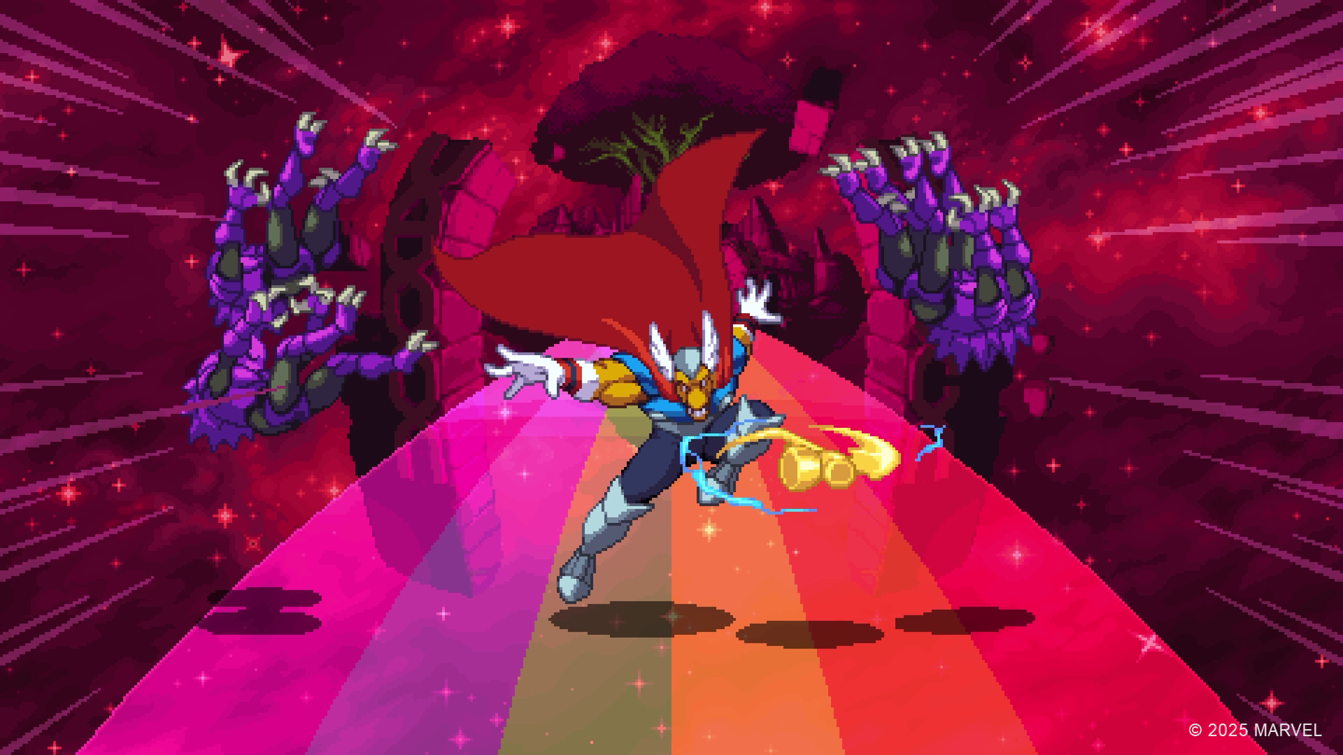 HD PC desktop wallpaper and background featuring Beta Ray Bill from the MARVEL Cosmic Invasion video game: armored superhero races down a rainbow lane toward shadowy foes in a starfield.