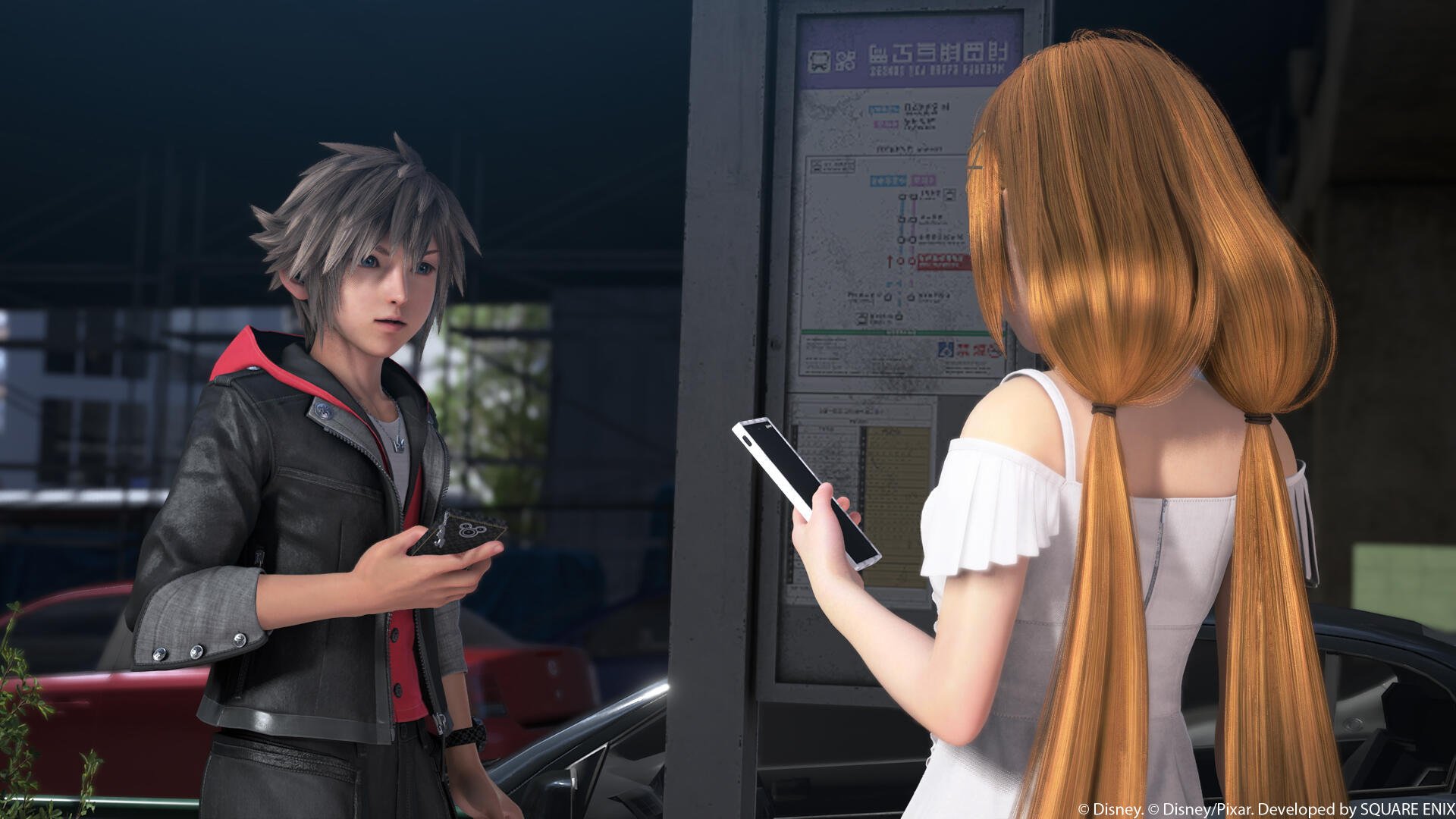 4K Ultra HD PC desktop wallpaper for the video game Kingdom Hearts IV: anime-style scene of two Kingdom Hearts characters at a bus stop, one showing a smartphone.