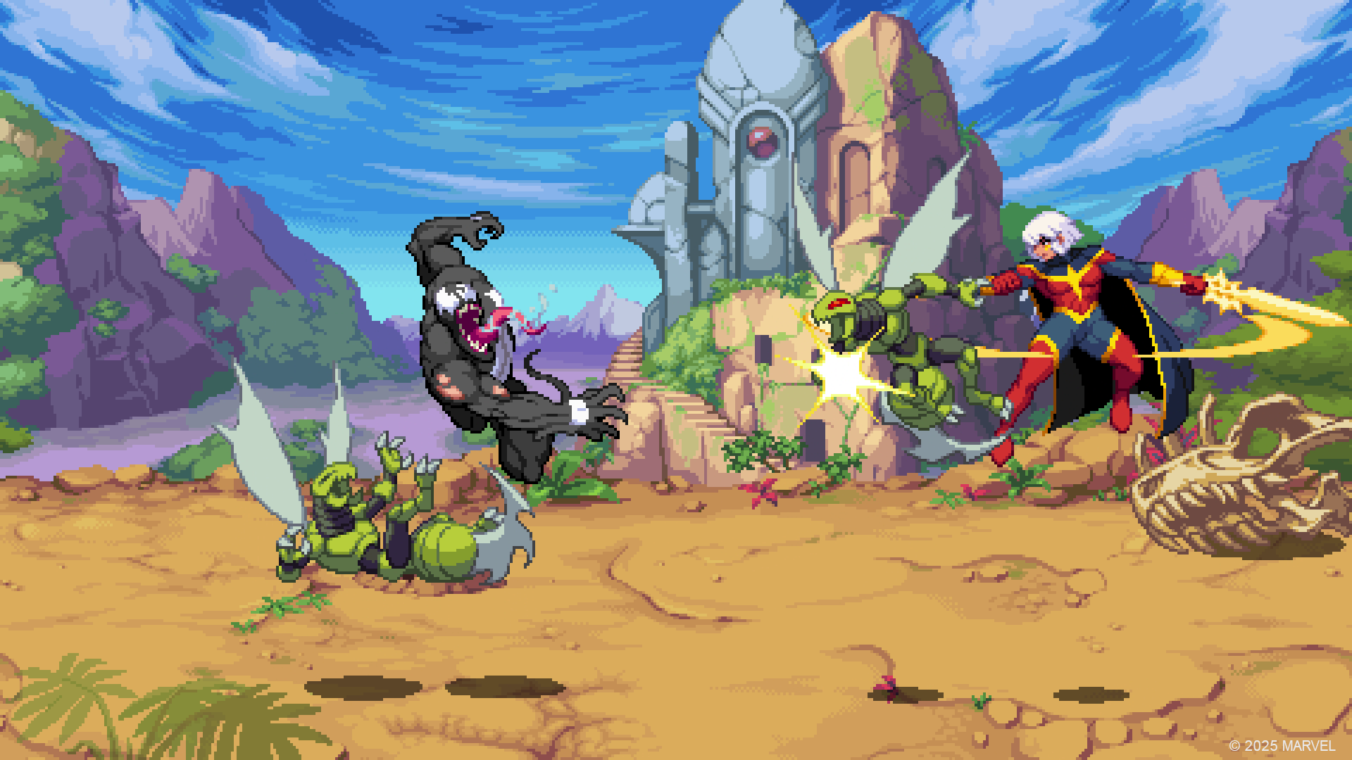 HD PC desktop wallpaper from the video game MARVEL Cosmic Invasion: Phyla-Vell fires energy blasts at alien warriors amid a colorful desert temple landscape.