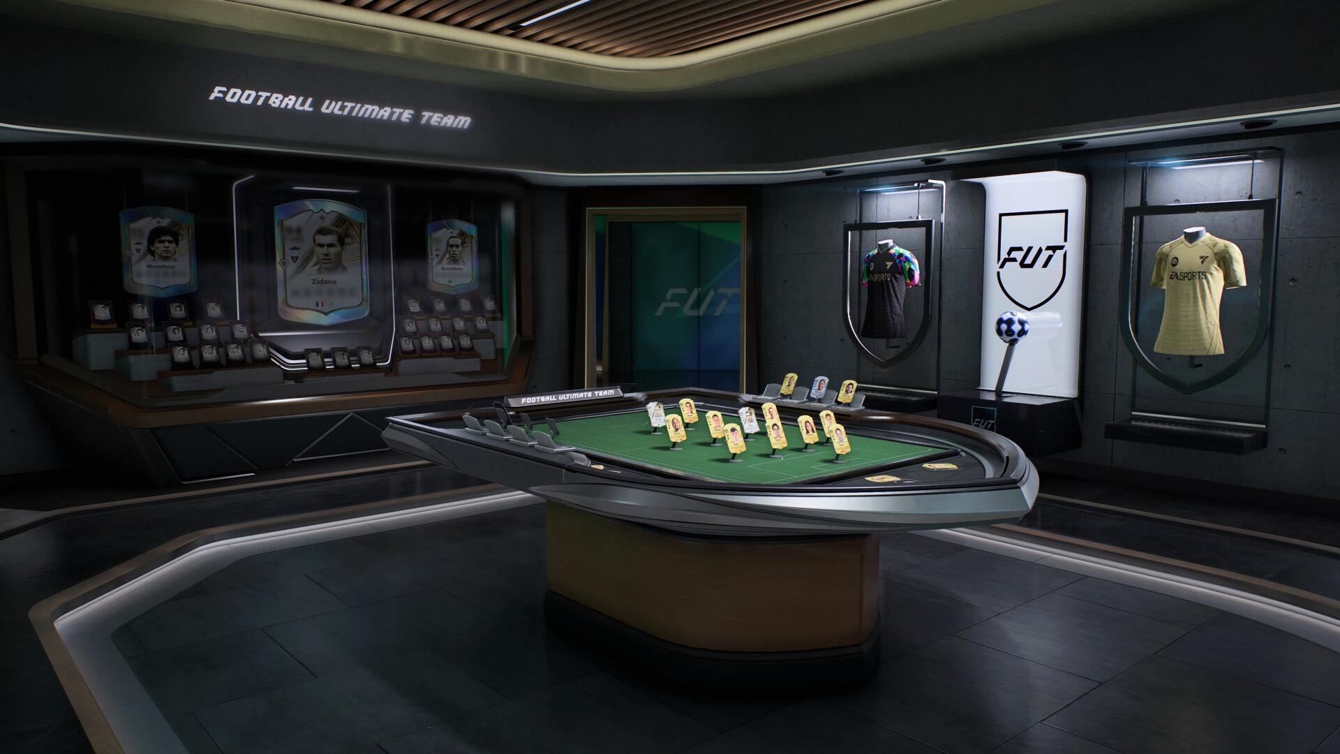 EA SPORTS FC 27 video game 4K Ultra HD PC desktop background: sleek FUT pack-reveal room with illuminated card table, player cards and soccer/football jerseys.