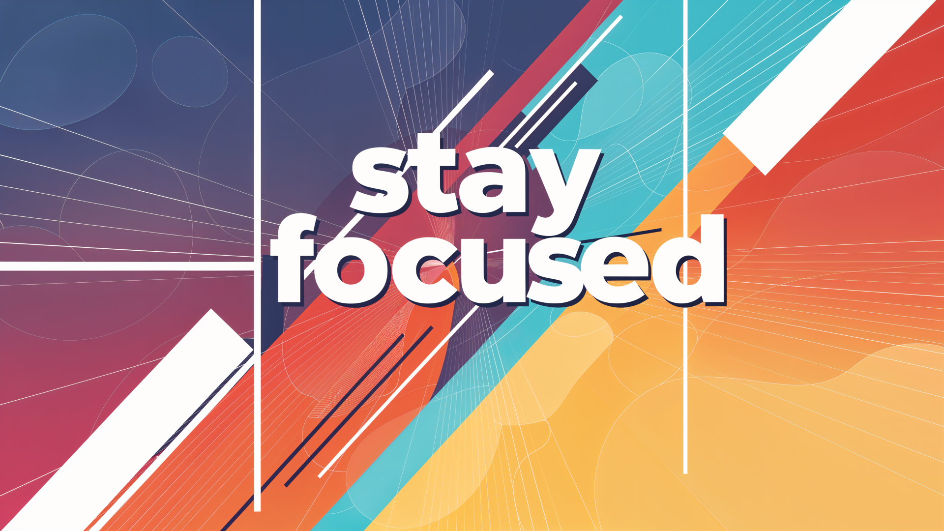 Abstract 4K Ultra HD PC desktop wallpaper featuring bold white stay focused typography quote over colorful geometric shapes and diagonal accents.