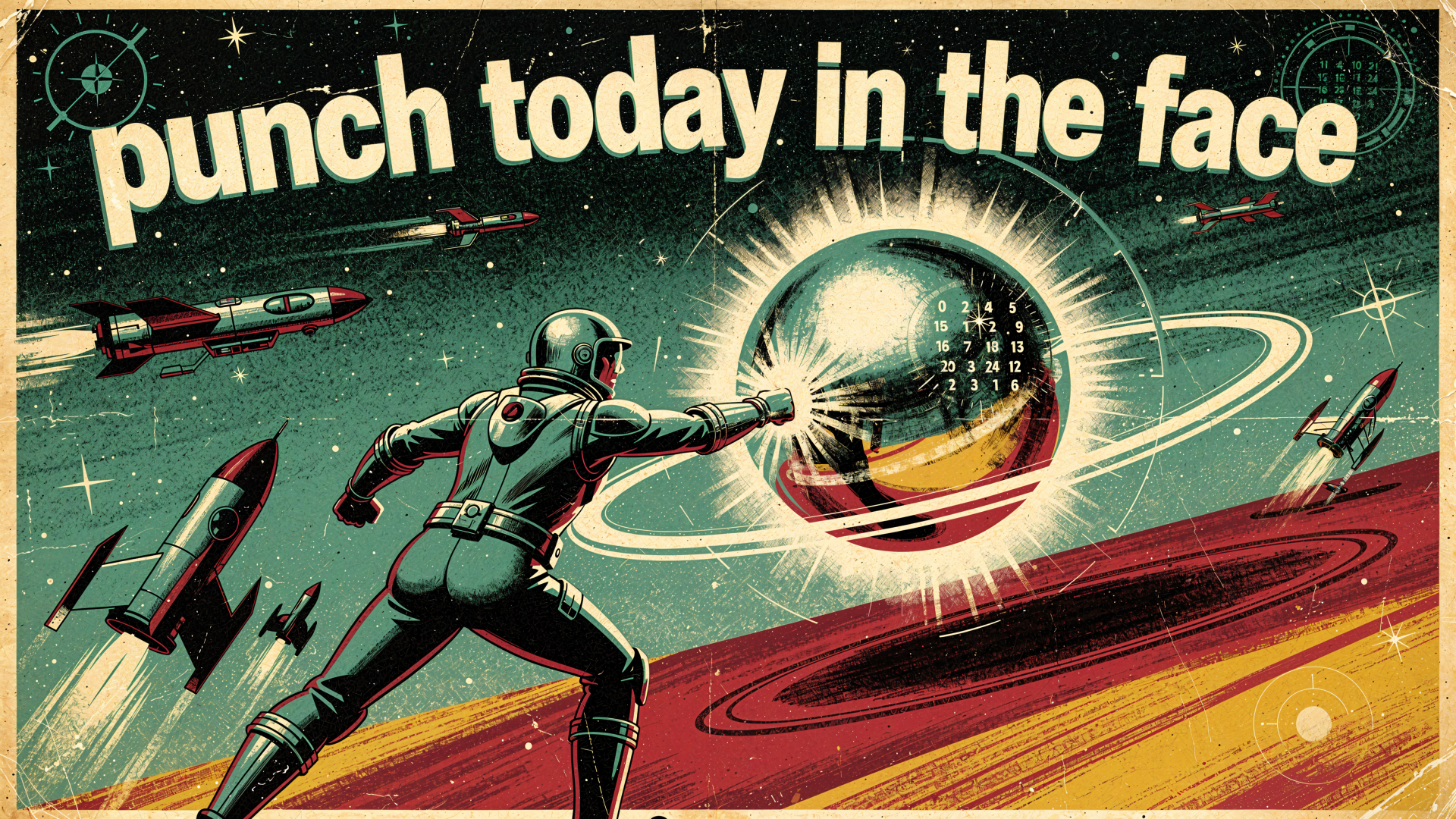 4K Ultra HD PC desktop wallpaper: retro astronaut in space punching a glowing planet with rockets streaking by and the bold caption punch today in the face.