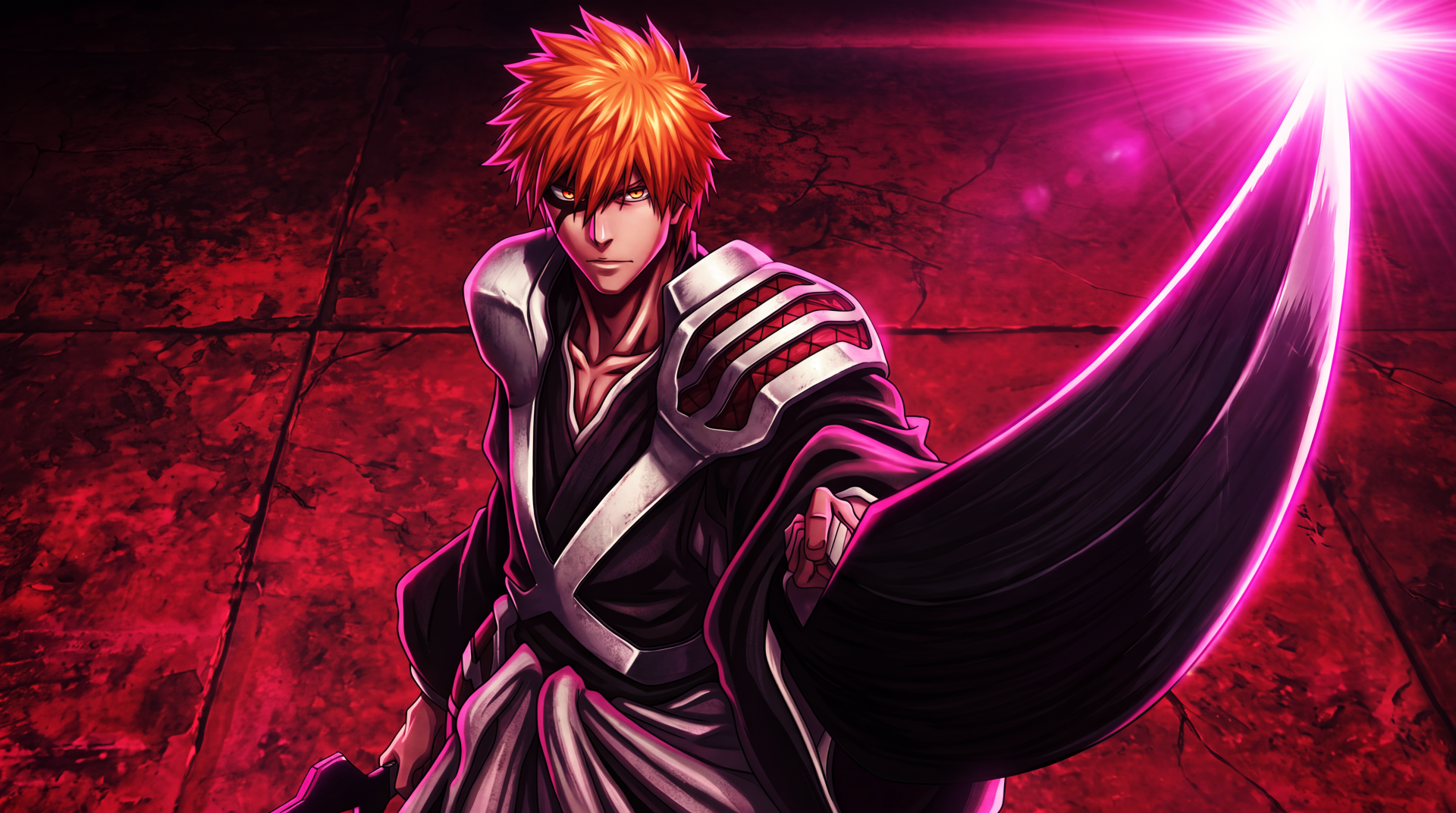 Ichigo Kurosaki from Bleach: Thousand-Year Blood War in a dramatic pose, glowing zanpakutō raised against a cracked red backdrop — 5K Ultra HD anime PC desktop wallpaper.