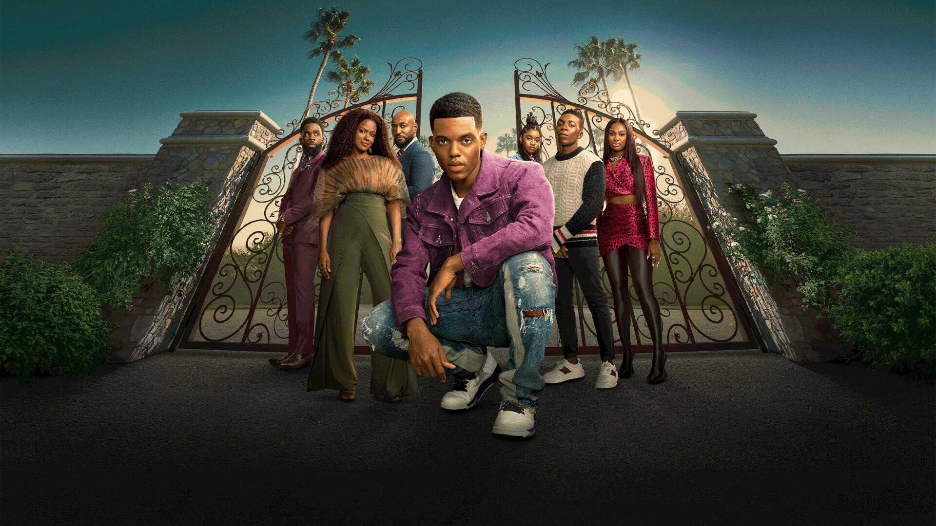 Bel-Air 4K Ultra HD PC desktop wallpaper/background: ensemble cast posed before ornate mansion gates at dusk, central figure crouching in a purple jacket with cinematic lighting.