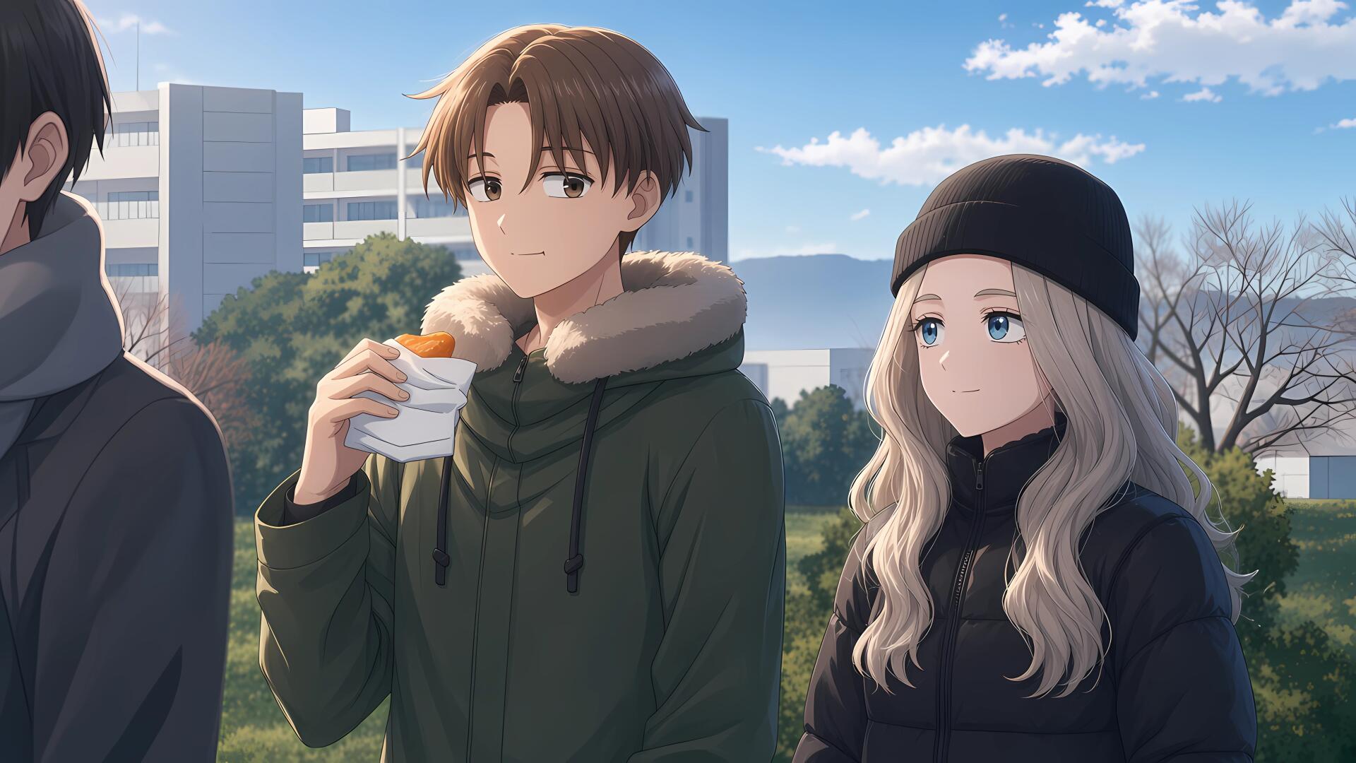 5K Ultra HD PC desktop wallpaper of Shuuji Taira and Shino Azuma from Seihantai na Kimi to Boku — Shuuji eating a bun, Shino in a beanie standing together in a park.