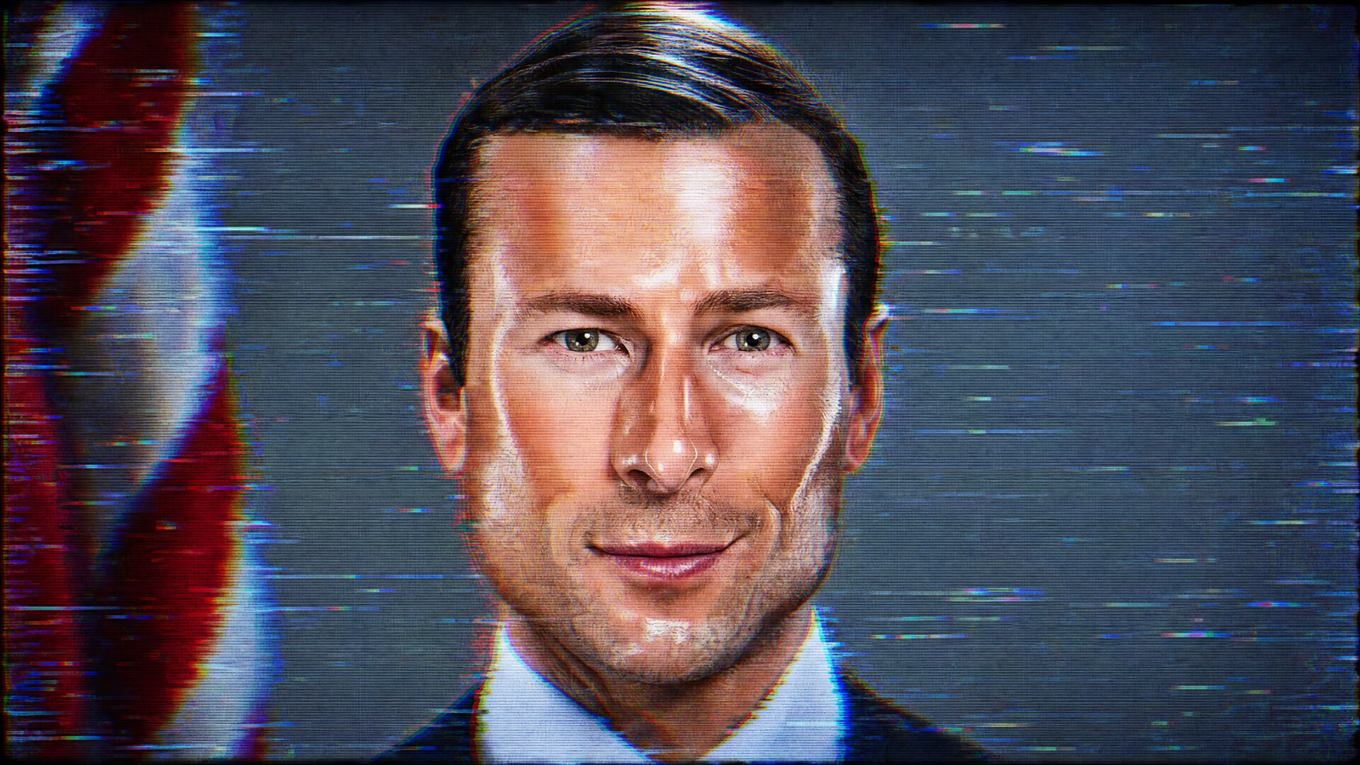 Stylized John Politics meme portrait of a polished man in a suit with an American-flag motif at left and VHS-style glitch lines — 4K Ultra HD PC desktop wallpaper.