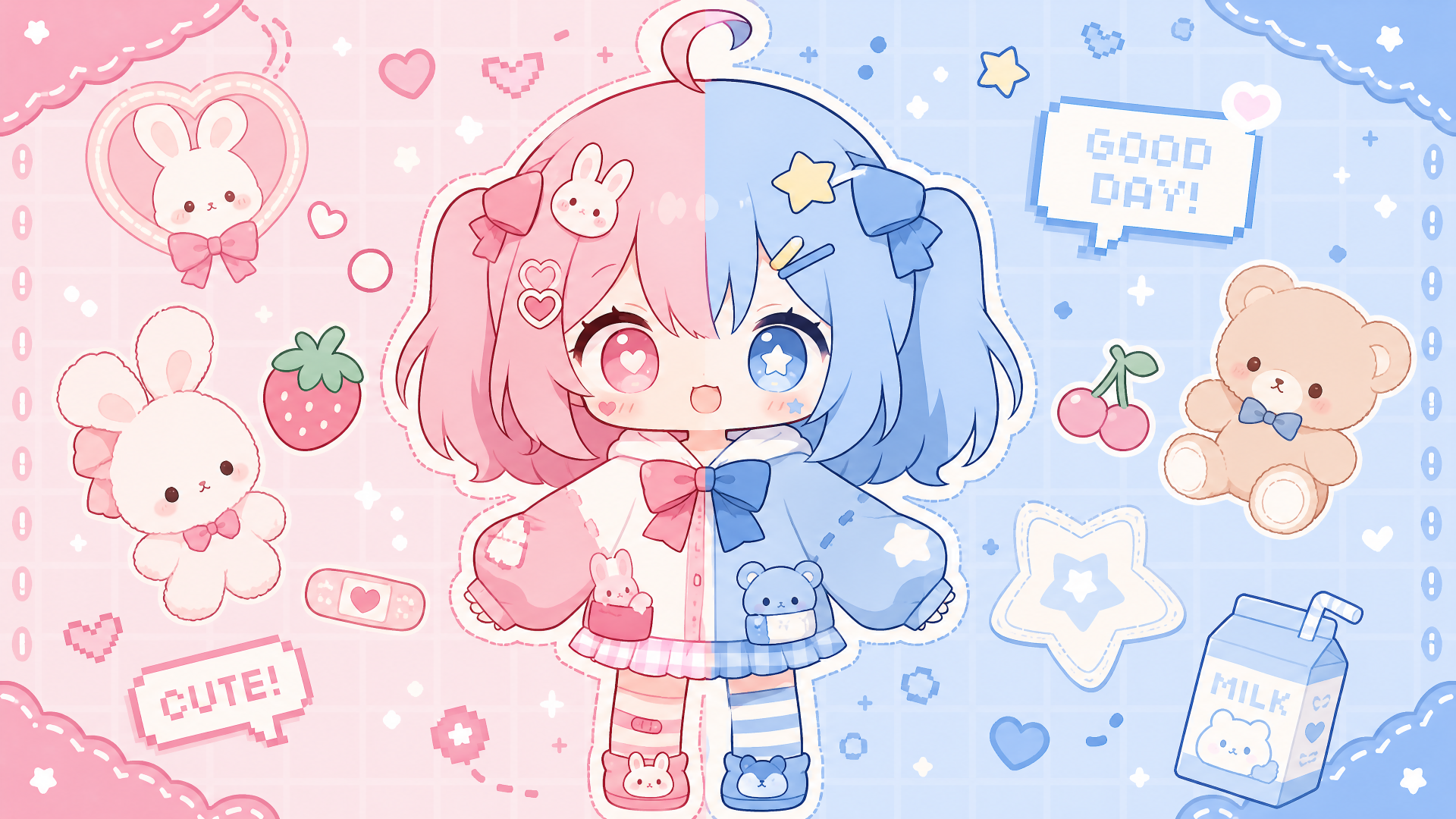 Cutecore 4K Ultra HD PC desktop wallpaper and background showing a split pink-and-blue chibi girl surrounded by bunnies, teddy, strawberries, stars and hearts.