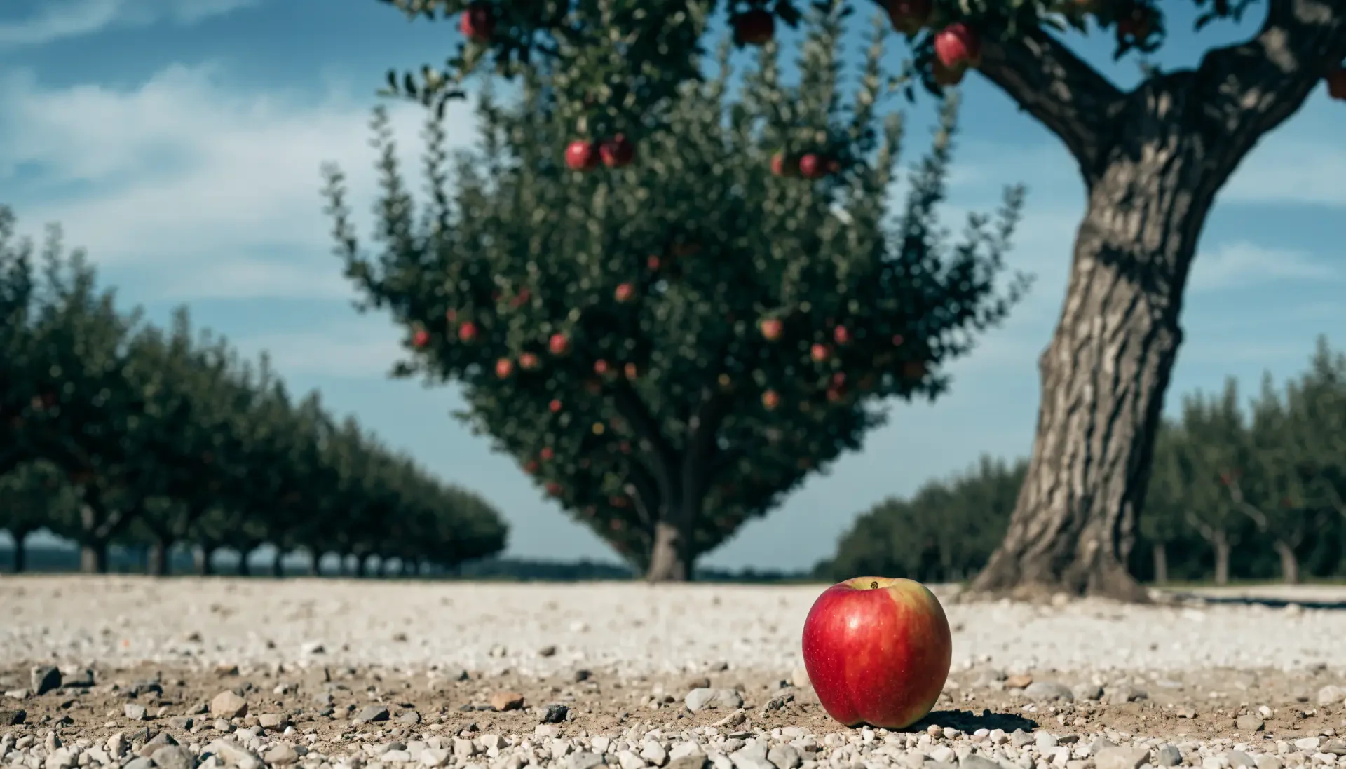Red apple on dry soil in an apple orchard foreground, rows of trees fading into sky — 4K Ultra HD PC desktop wallpaper/background.