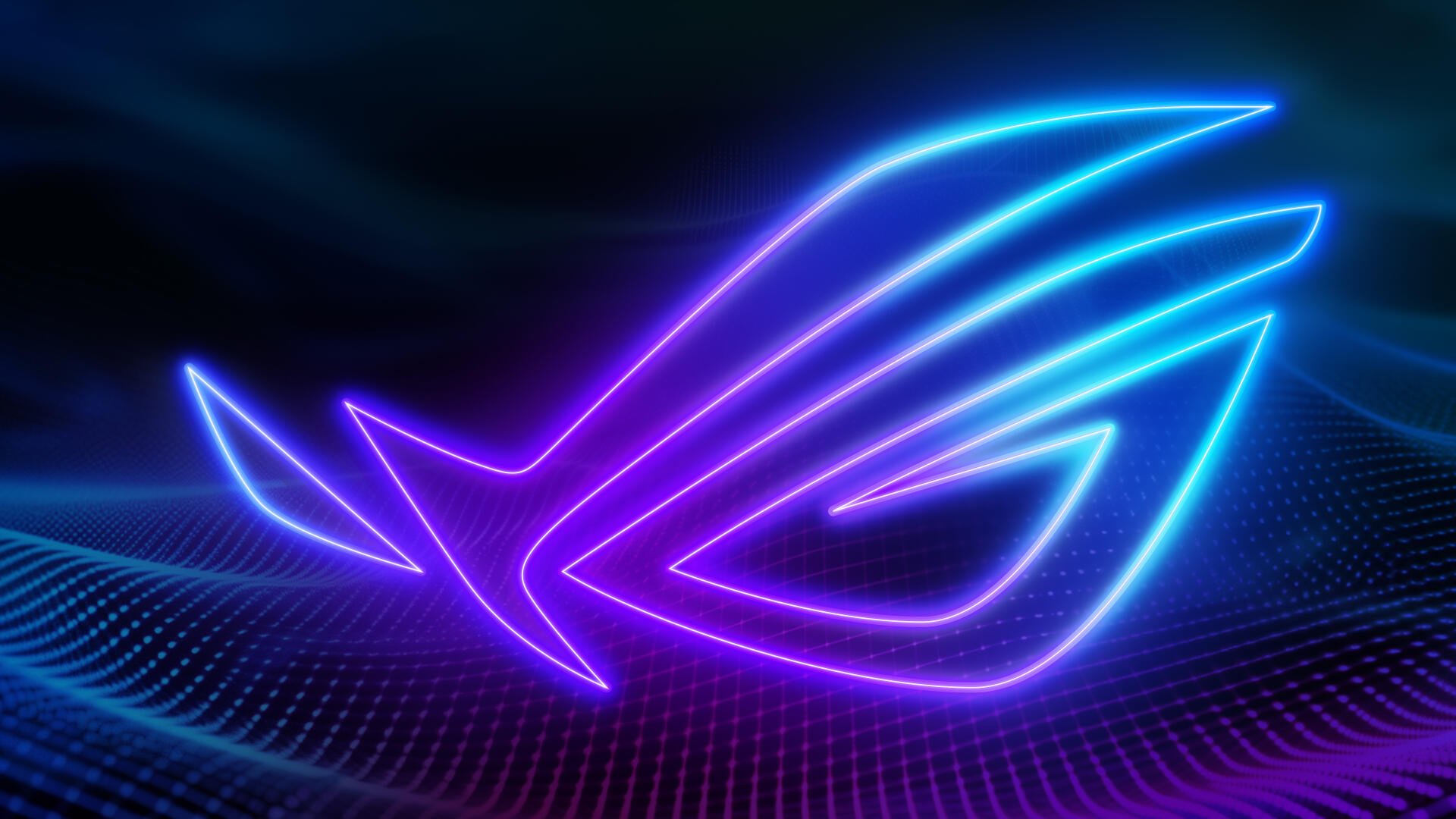 Neon Asus ROG logo in purple and blue above a glowing wave grid — 4K Ultra HD PC desktop wallpaper/background.