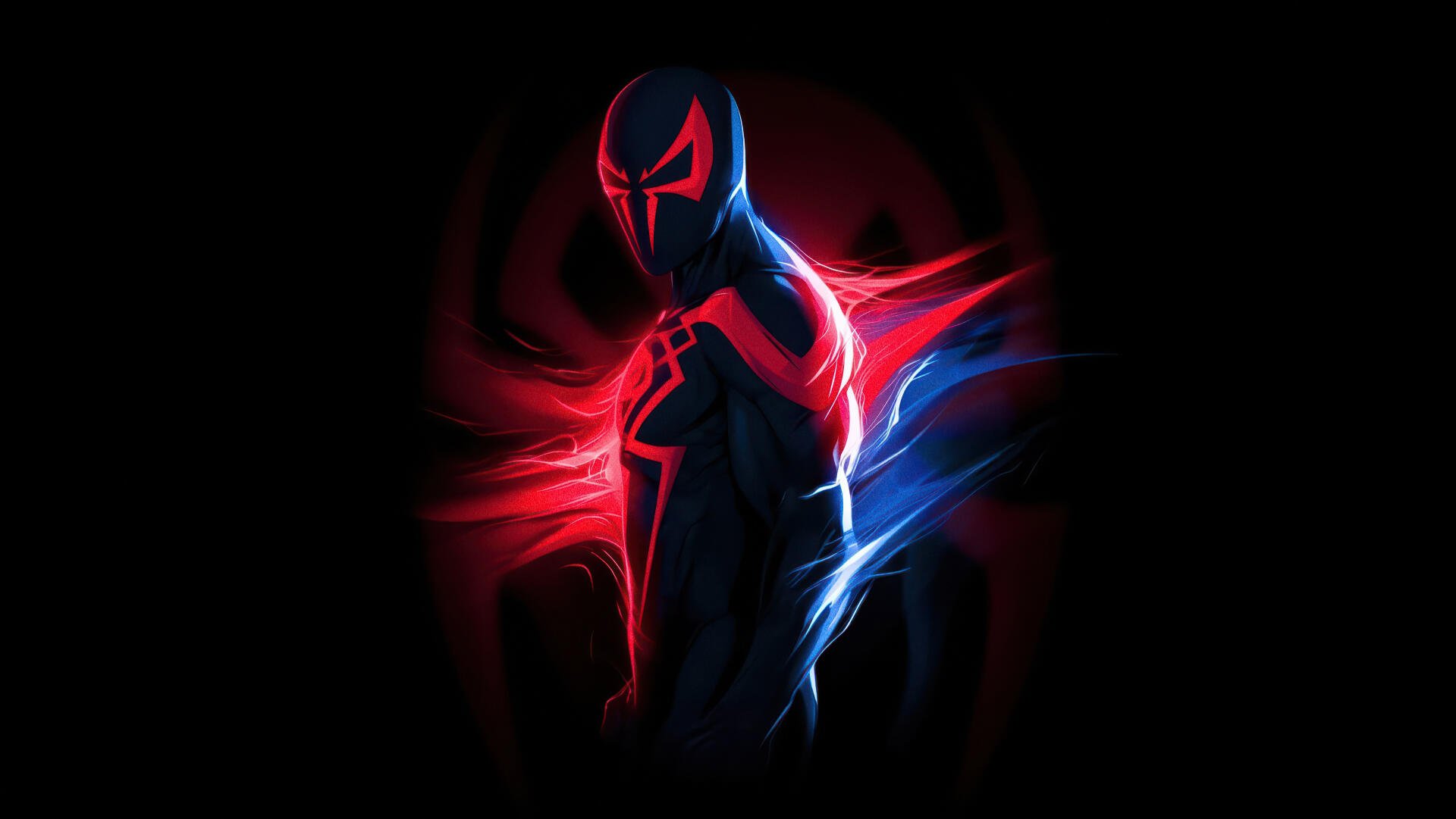 Digital art 4K Ultra HD PC desktop wallpaper of Spider-Man 2099: shadowed futuristic superhero with glowing red and blue energy trails swirling on a dark background.