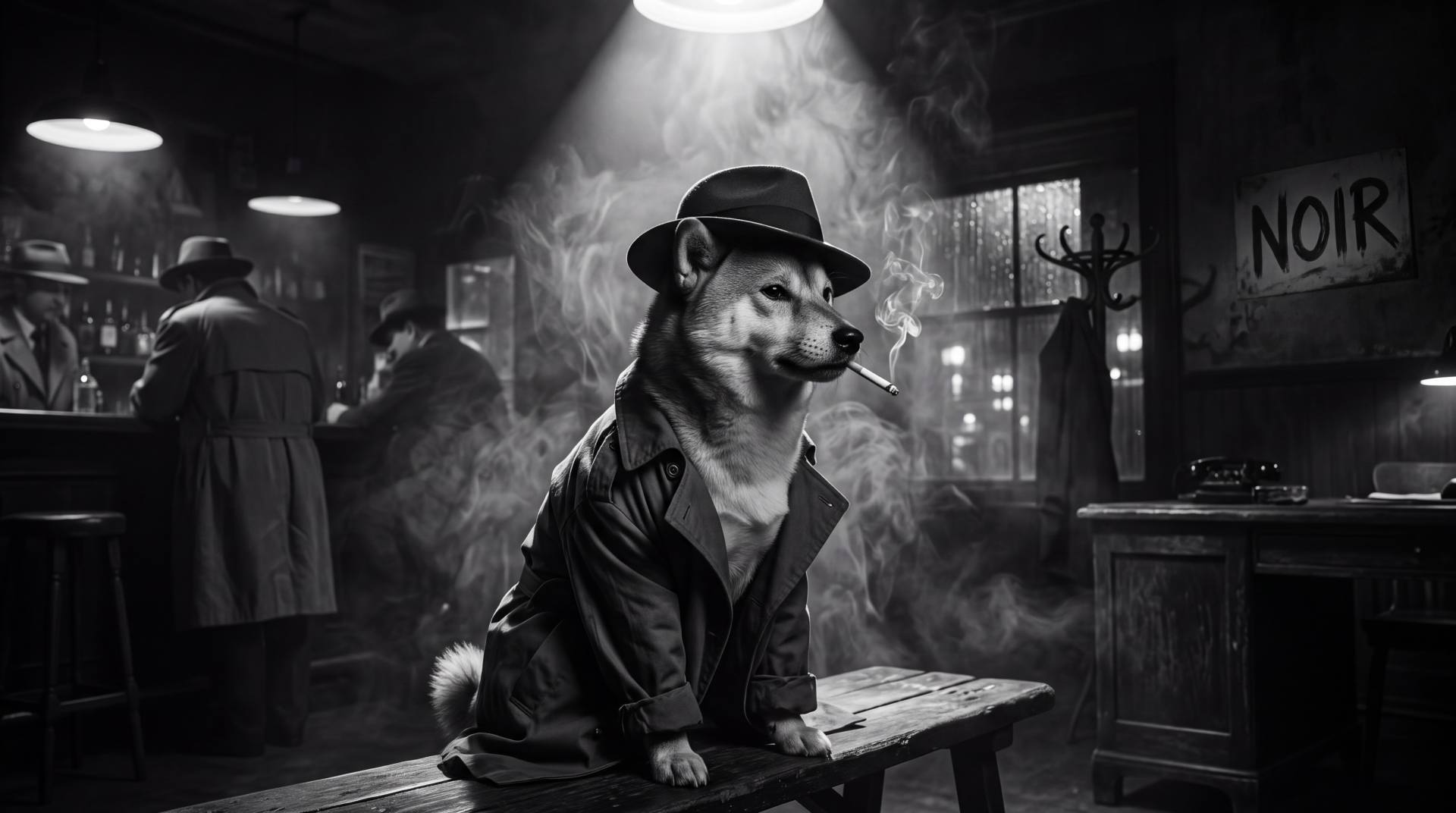 5K Ultra HD PC desktop wallpaper: noir black-and-white Shiba Inu in a fedora and trench coat, smoking at a dim bar.