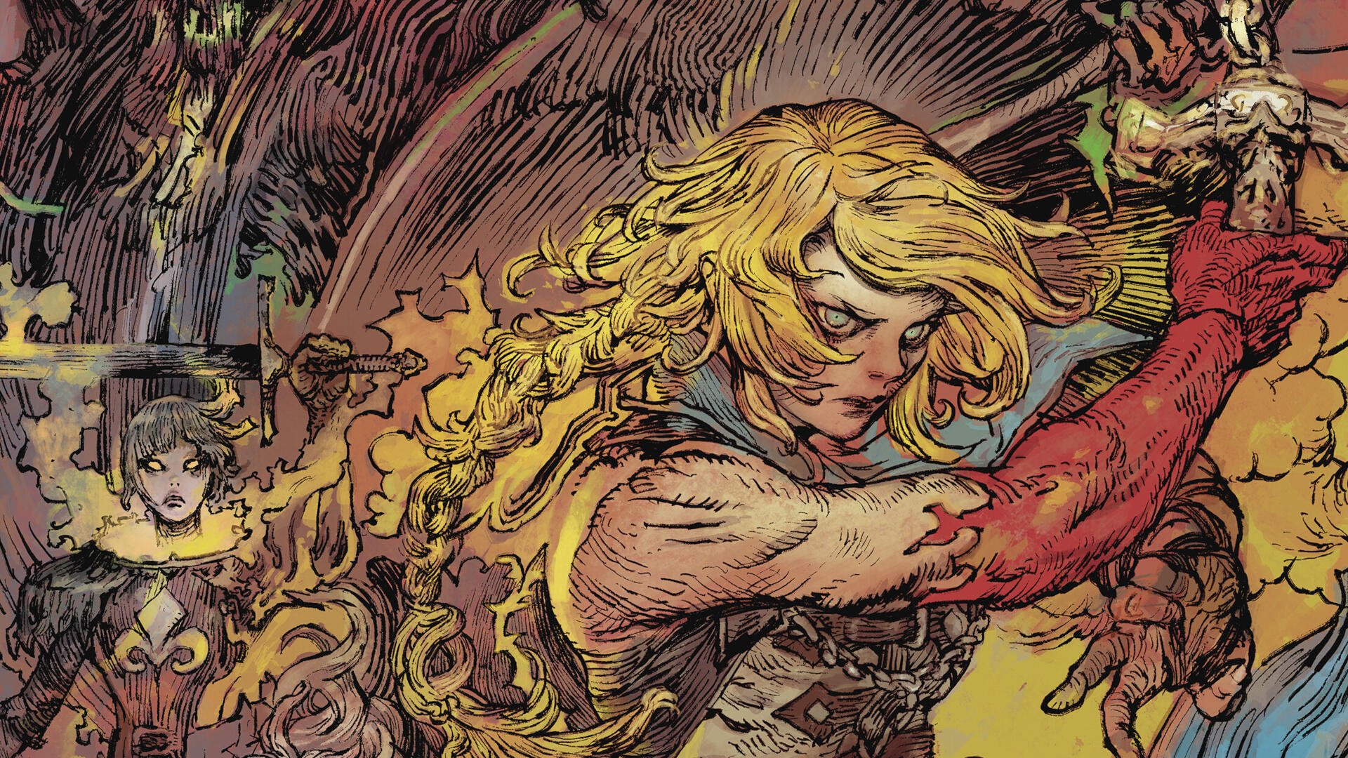 HD PC desktop wallpaper of a woman warrior from the video game Castlevania: Belmont's Curse — comic-style blond Belmont brandishing a whip amid gothic, swirling monsters and ornate shadows.
