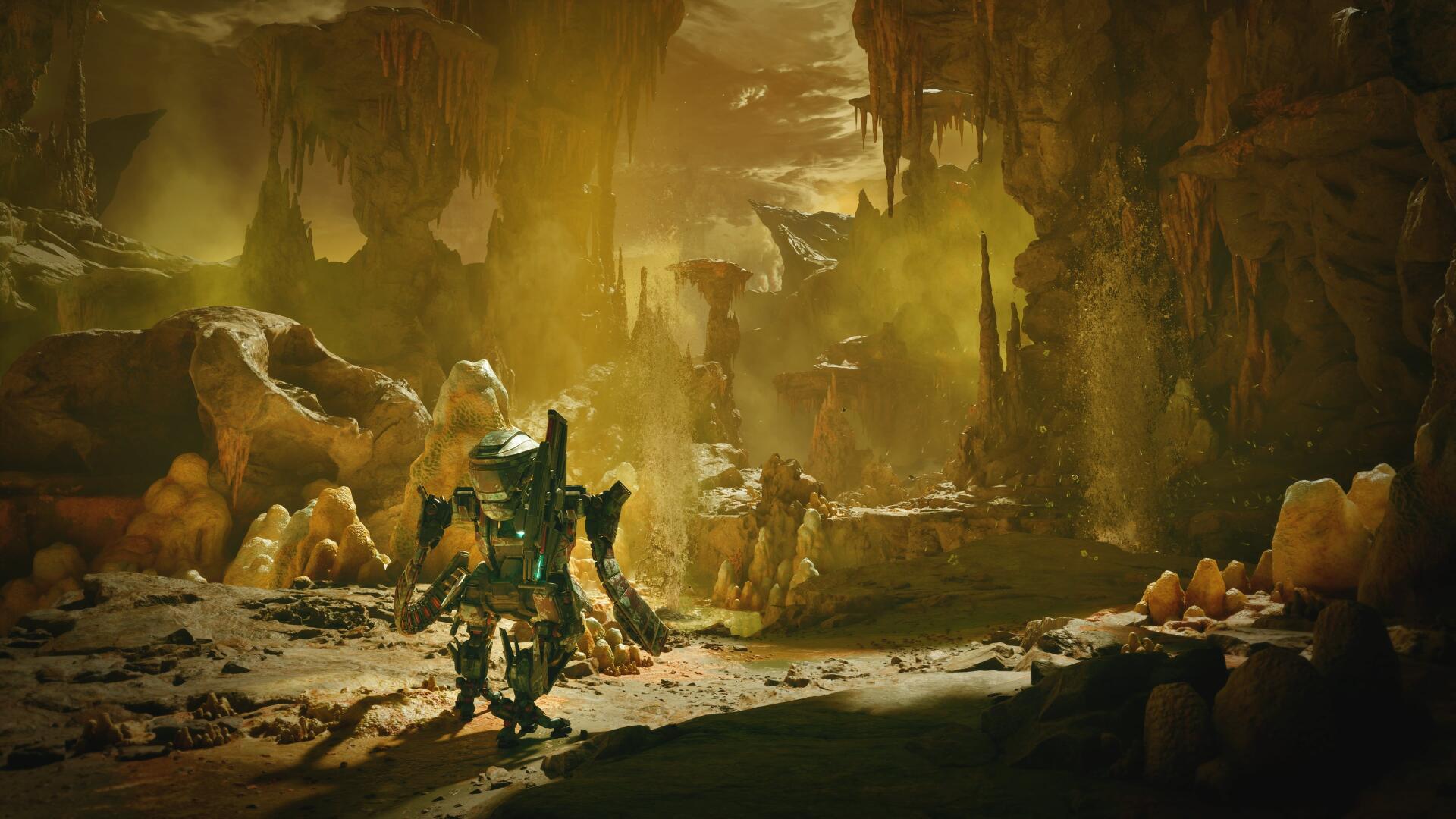 4K Ultra HD PC desktop wallpaper from the video game Exodus (2027): armored explorers and a mech traverse a glowing subterranean cave dotted with crystals and alien formations.