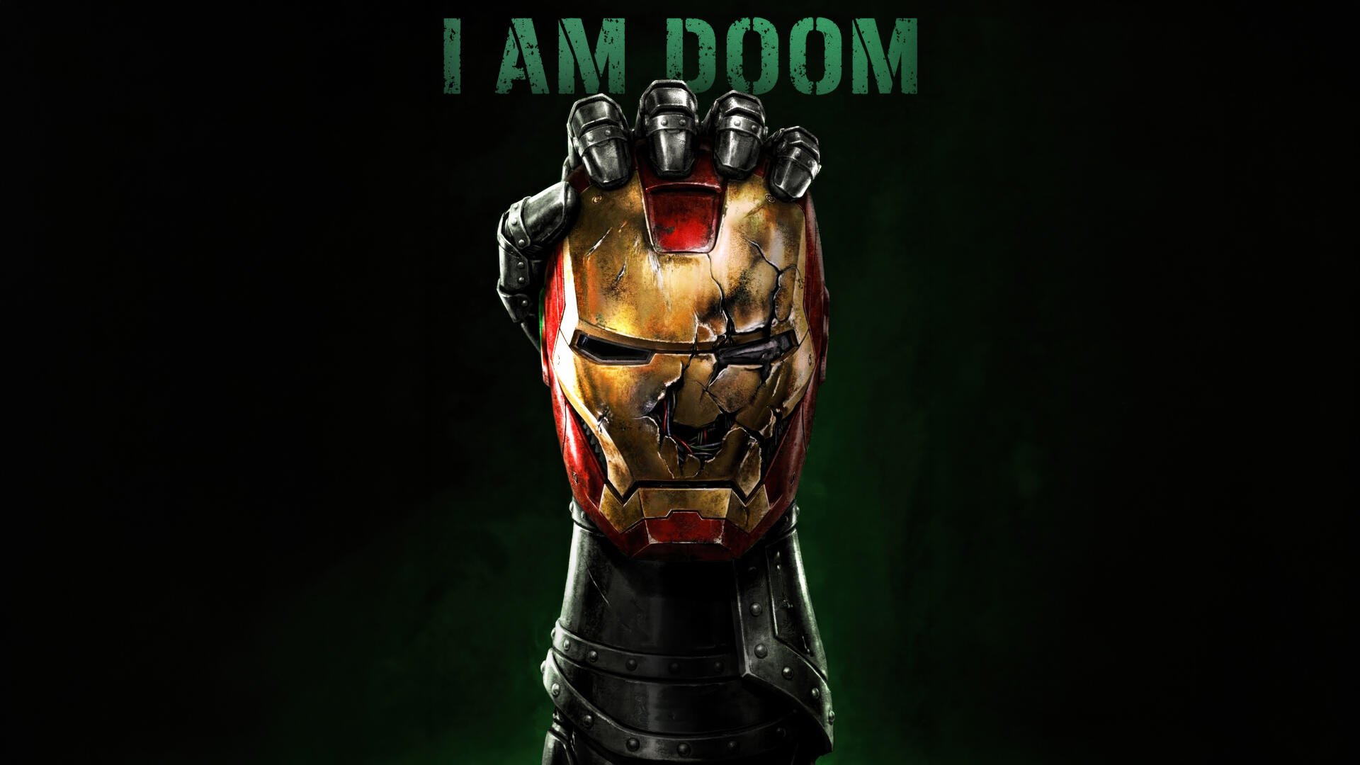 Doctor Doom's armored gauntlet clutches a cracked Iron Man helmet beneath the words I AM DOOM — Avengers: Doomsday, Marvel Comics 5K Ultra HD PC desktop wallpaper