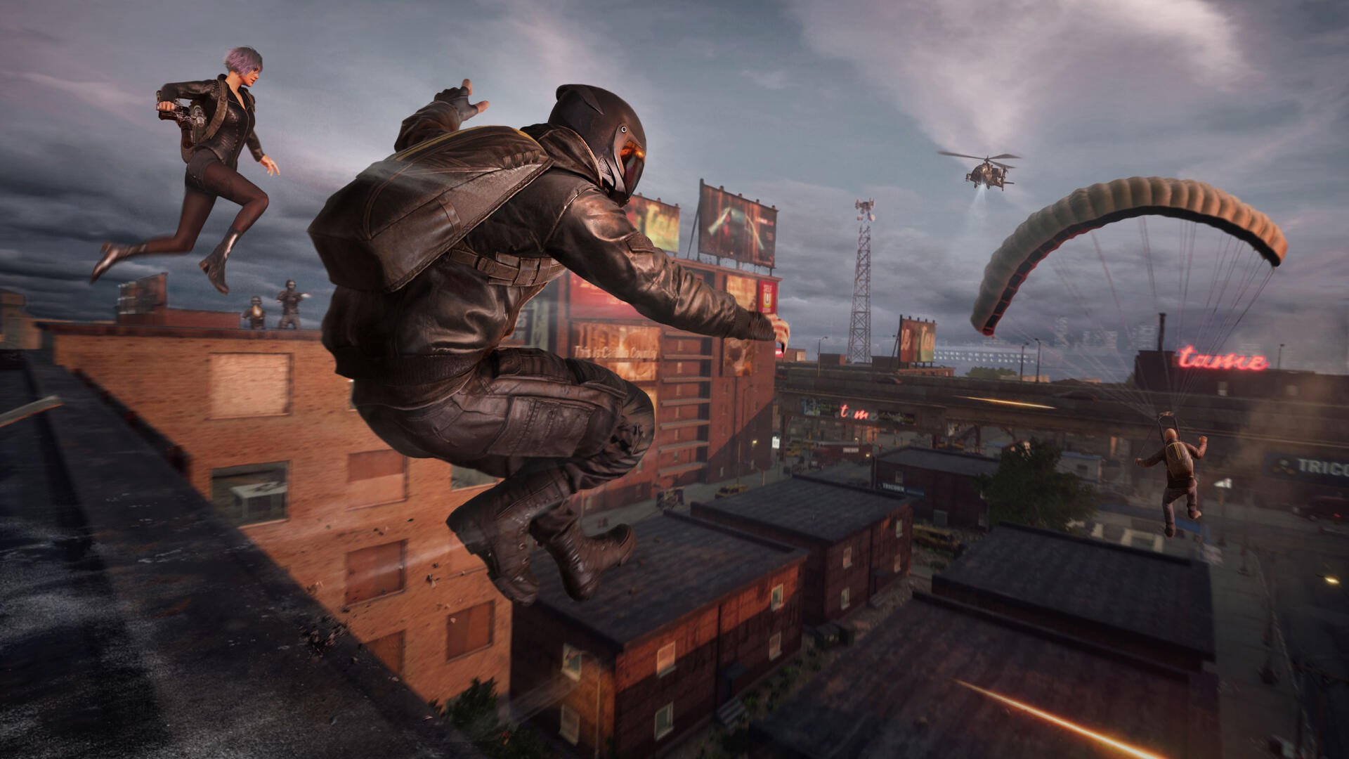 PlayerUnknown's Battlegrounds 2K Quad HD PC wallpaper: soldiers parachute into an urban rooftop drop zone beneath hovering helicopters.