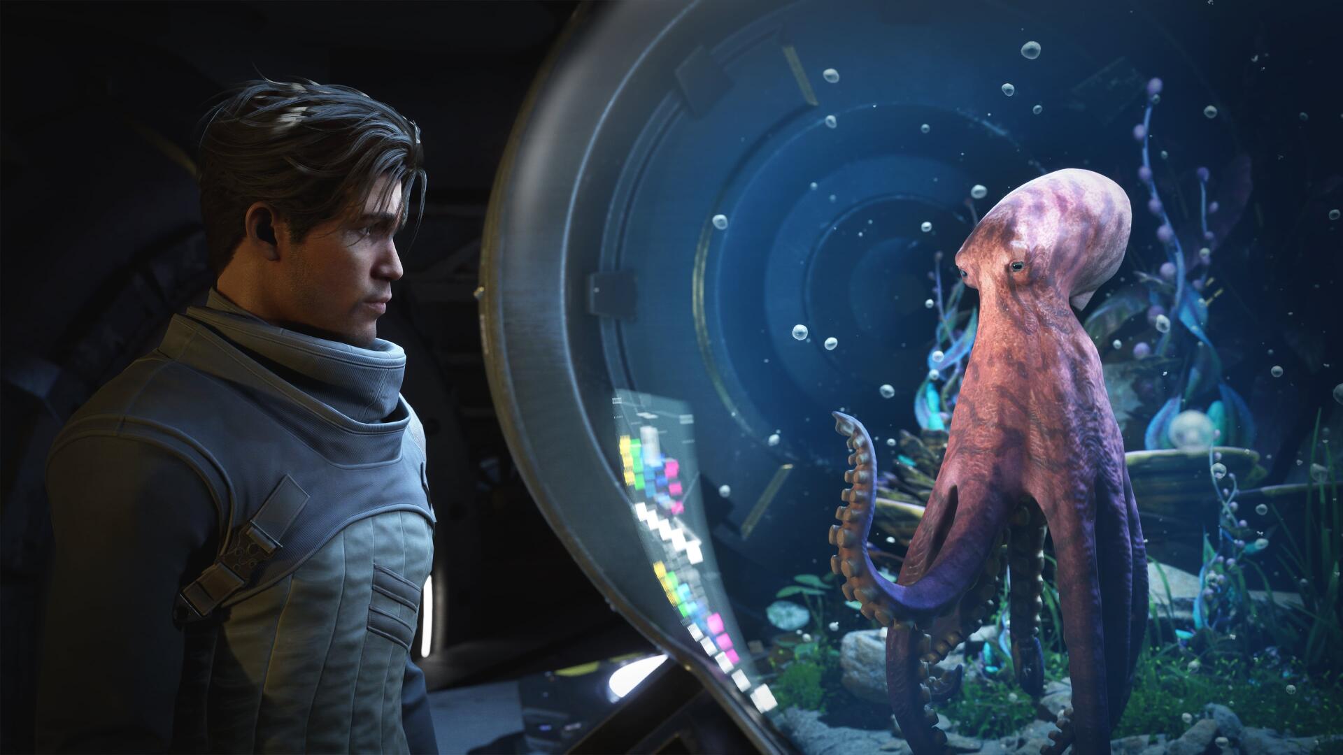 4K Ultra HD PC desktop wallpaper from Exodus (2027 Video Game): a suited human faces a tentacled alien octopus through a curved observation dome in a neon sci-fi lab.