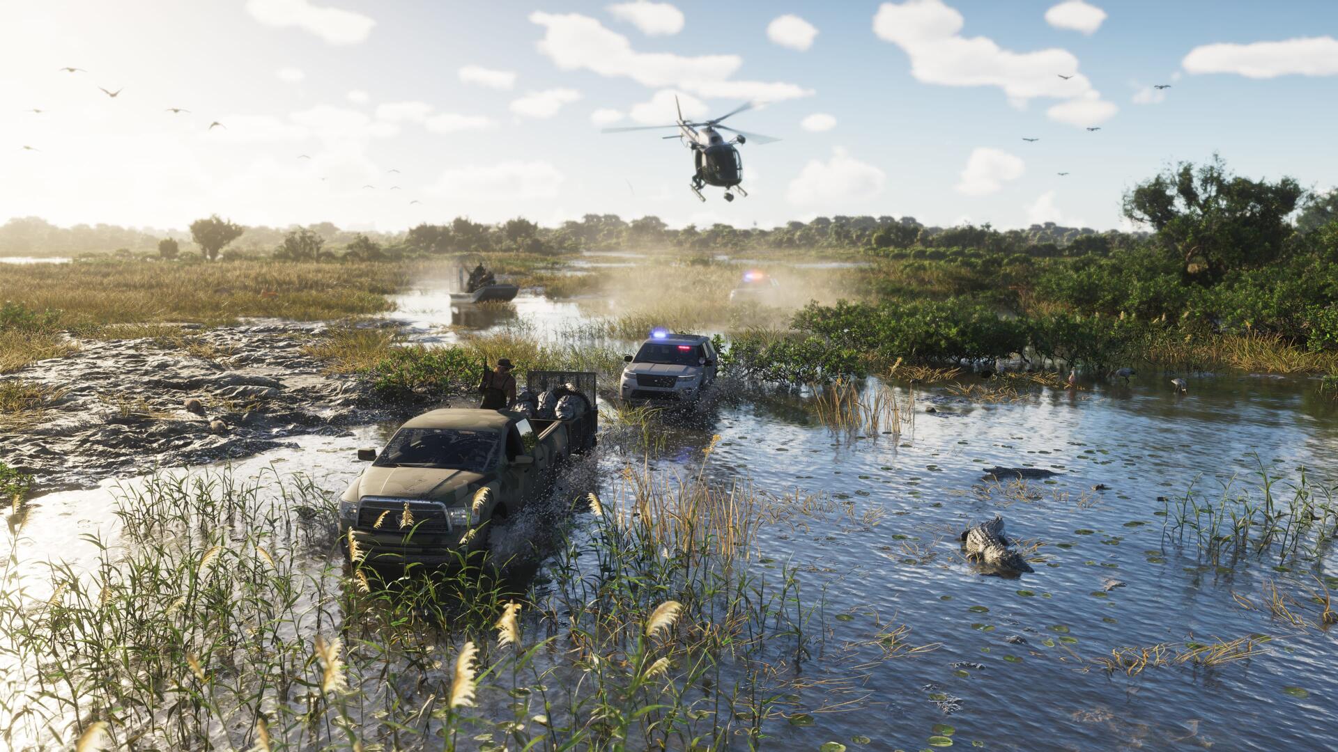 4K Ultra HD PC wallpaper of Grand Theft Auto VI: a police helicopter hovers over a flooded marsh as a police car and SUVs splash through water during a tense pursuit.