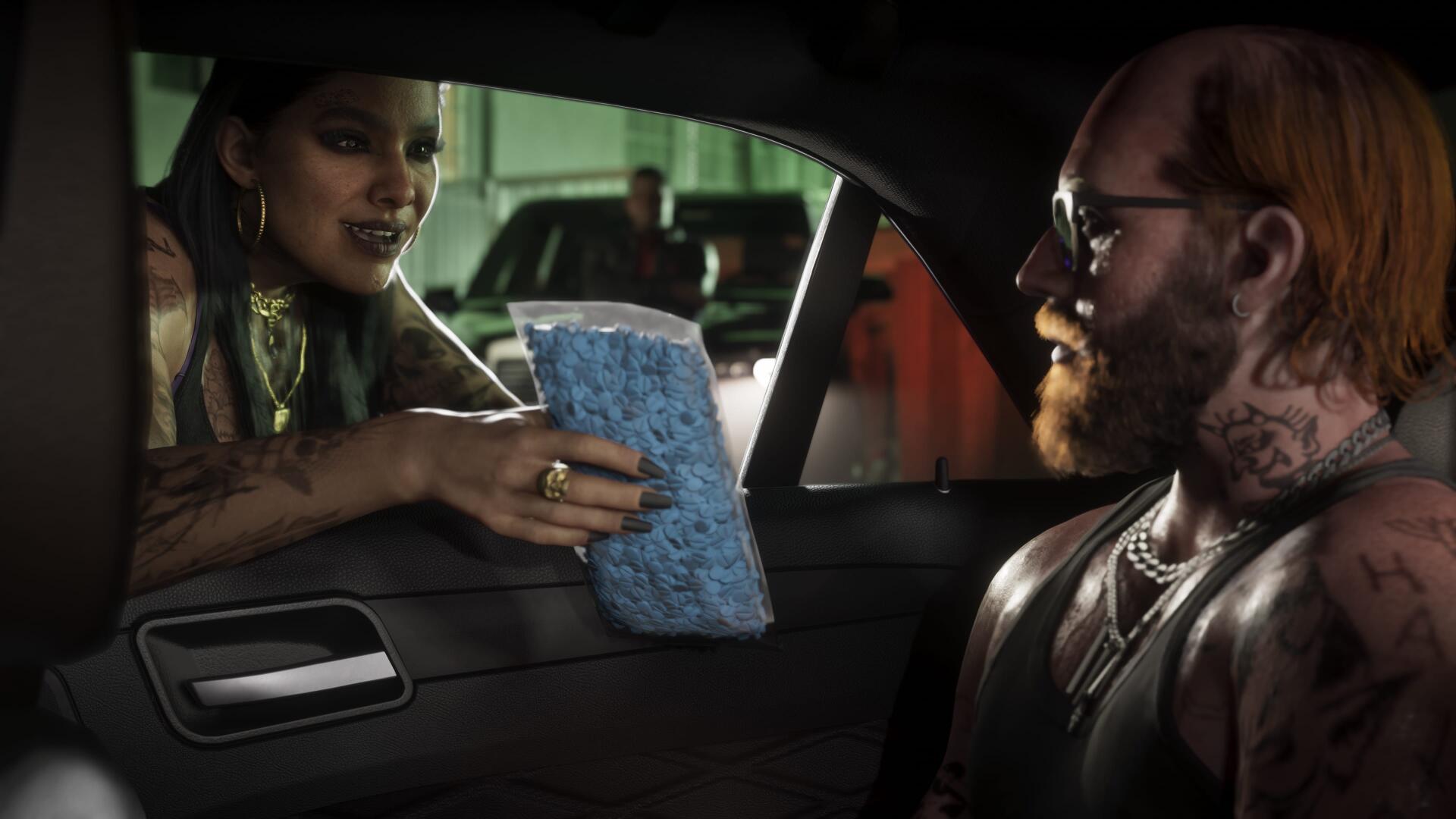 Gritty Grand Theft Auto VI video game 4K PC desktop wallpaper: woman slides a blue pouch through a car window to a tattooed man amid a cinematic night street scene.