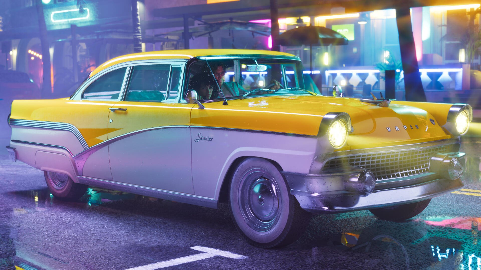 4K Ultra HD PC wallpaper: Grand Theft Auto VI scene with a neon-soaked street and a yellow-and-pink vintage car from the Grand Theft Auto video game.