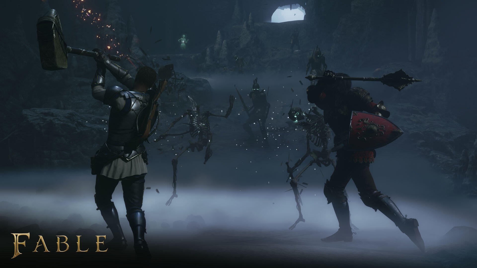 HD PC desktop wallpaper for the video game Fable (2027): two warriors clash with skeletal foes in a misty underground chamber, Fable logo at lower left.