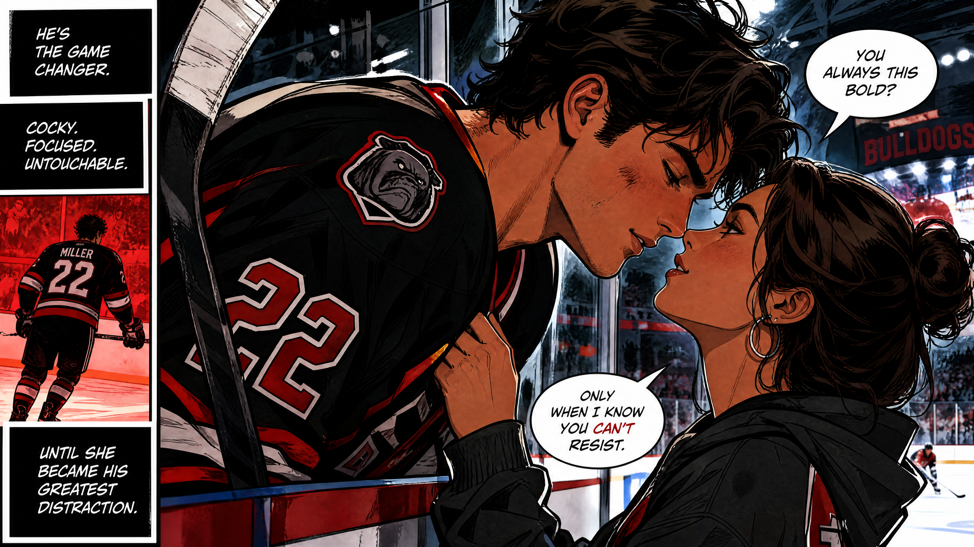 Comic-style 4K PC wallpaper: hockey romance — a #22 player leans through rink glass to kiss a woman, their faces close under glowing arena lights.