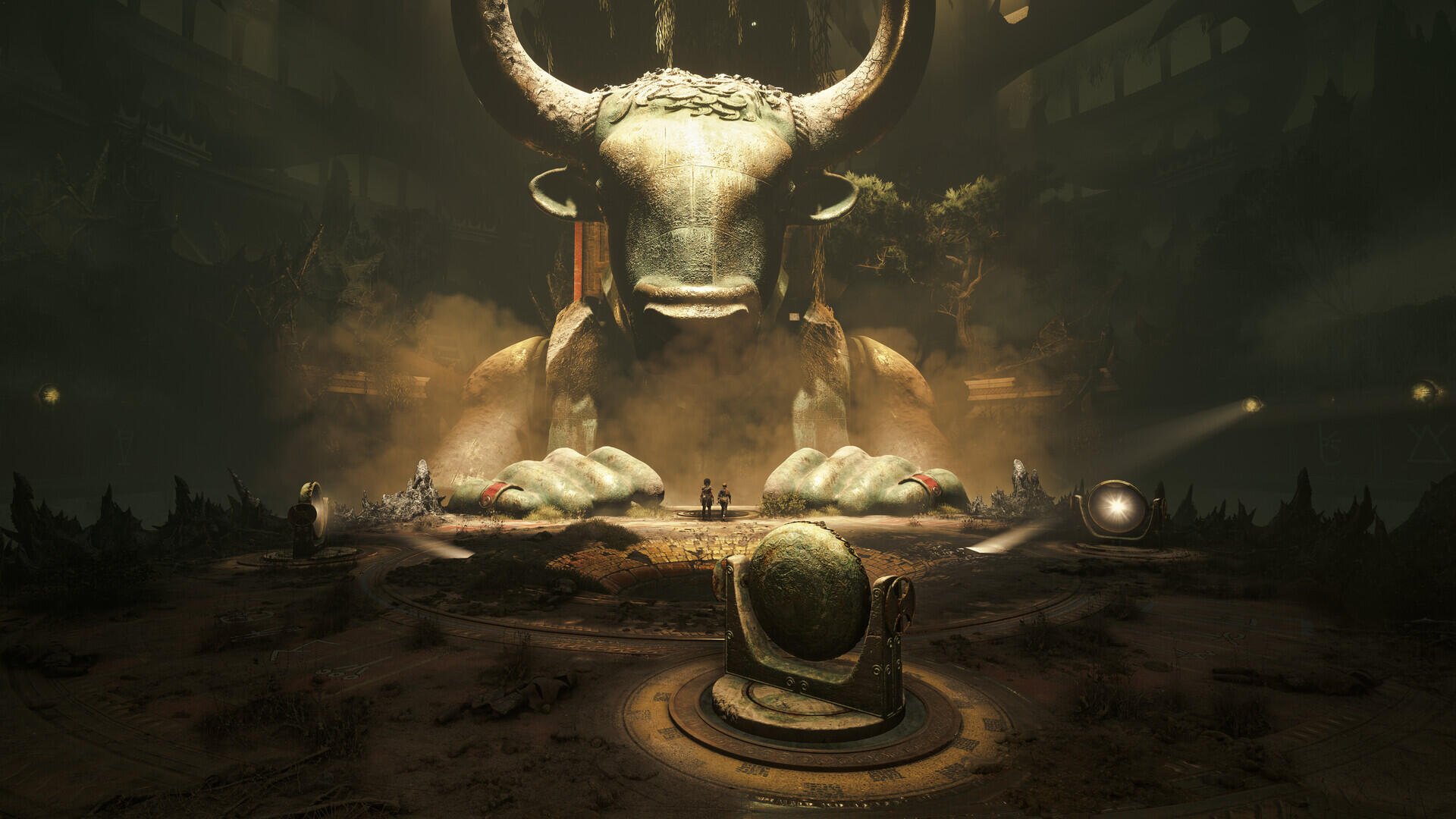 HD PC desktop wallpaper showing a colossal bull-headed monster statue from the video game Resonance: A Plague Tale Legacy looming over a ruined chamber and altar.