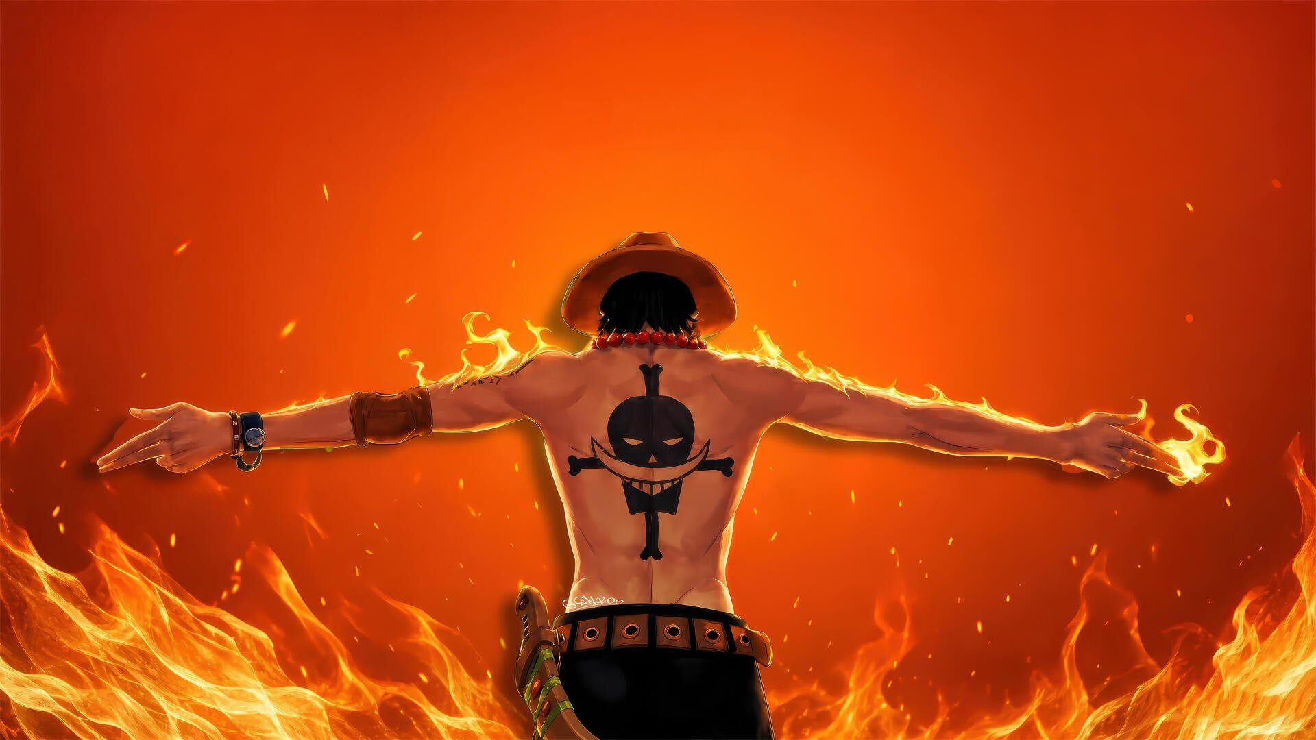 Portgas D. Ace from One Piece, seen from behind with arms spread as flames swirl around him — 4K Ultra HD anime PC desktop wallpaper and background.