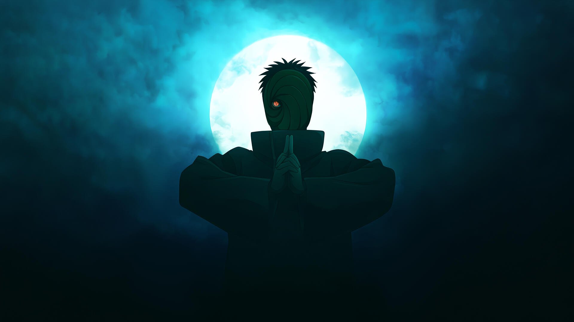 Obito Uchiha anime 5K Ultra HD PC desktop wallpaper/background: silhouetted figure with one red eye and hand seal before a glowing full moon and teal mist.