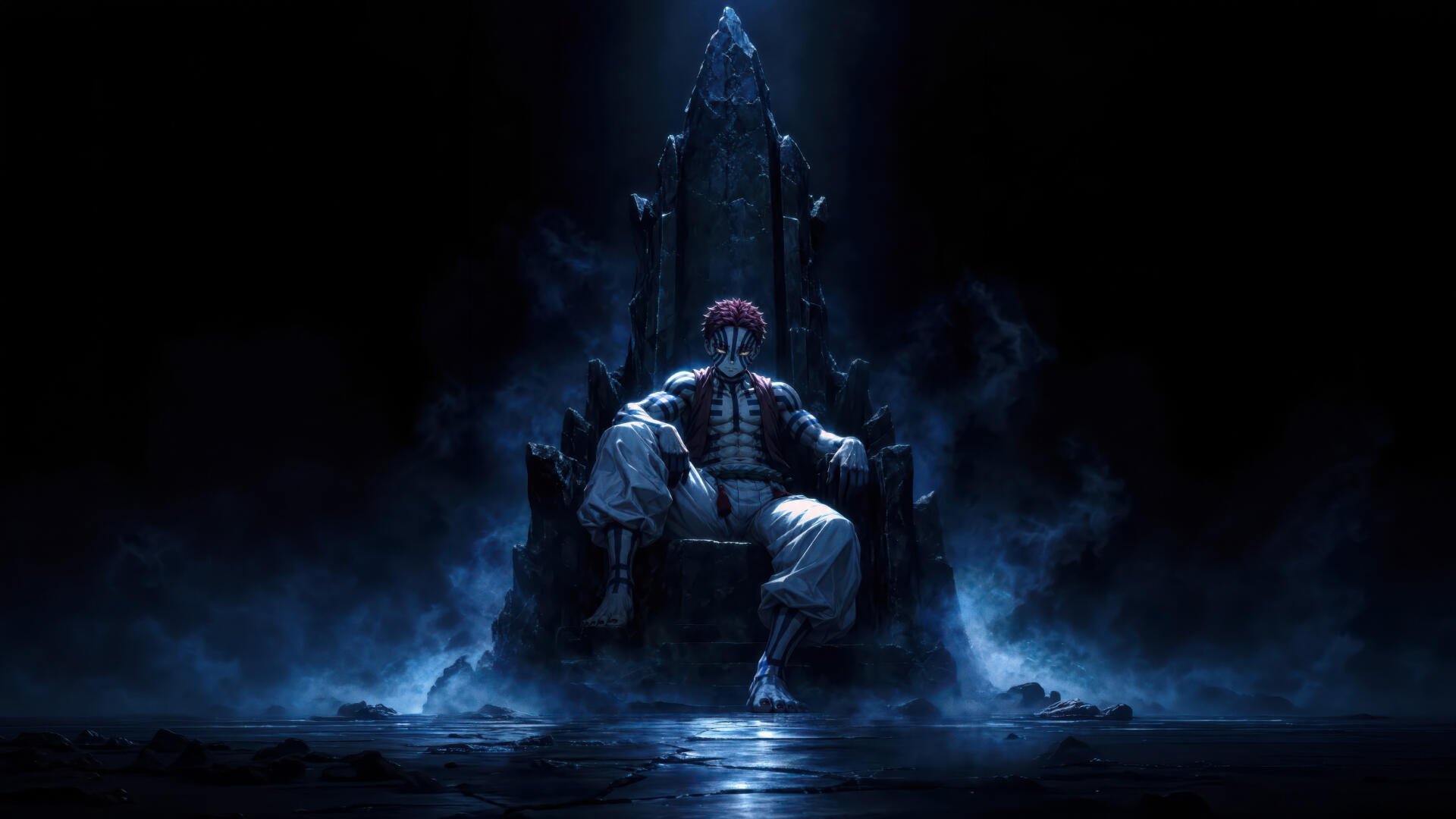 Akaza from Demon Slayer sits on a dark throne surrounded by blue mist — dramatic anime 5K Ultra HD PC desktop wallpaper/background.