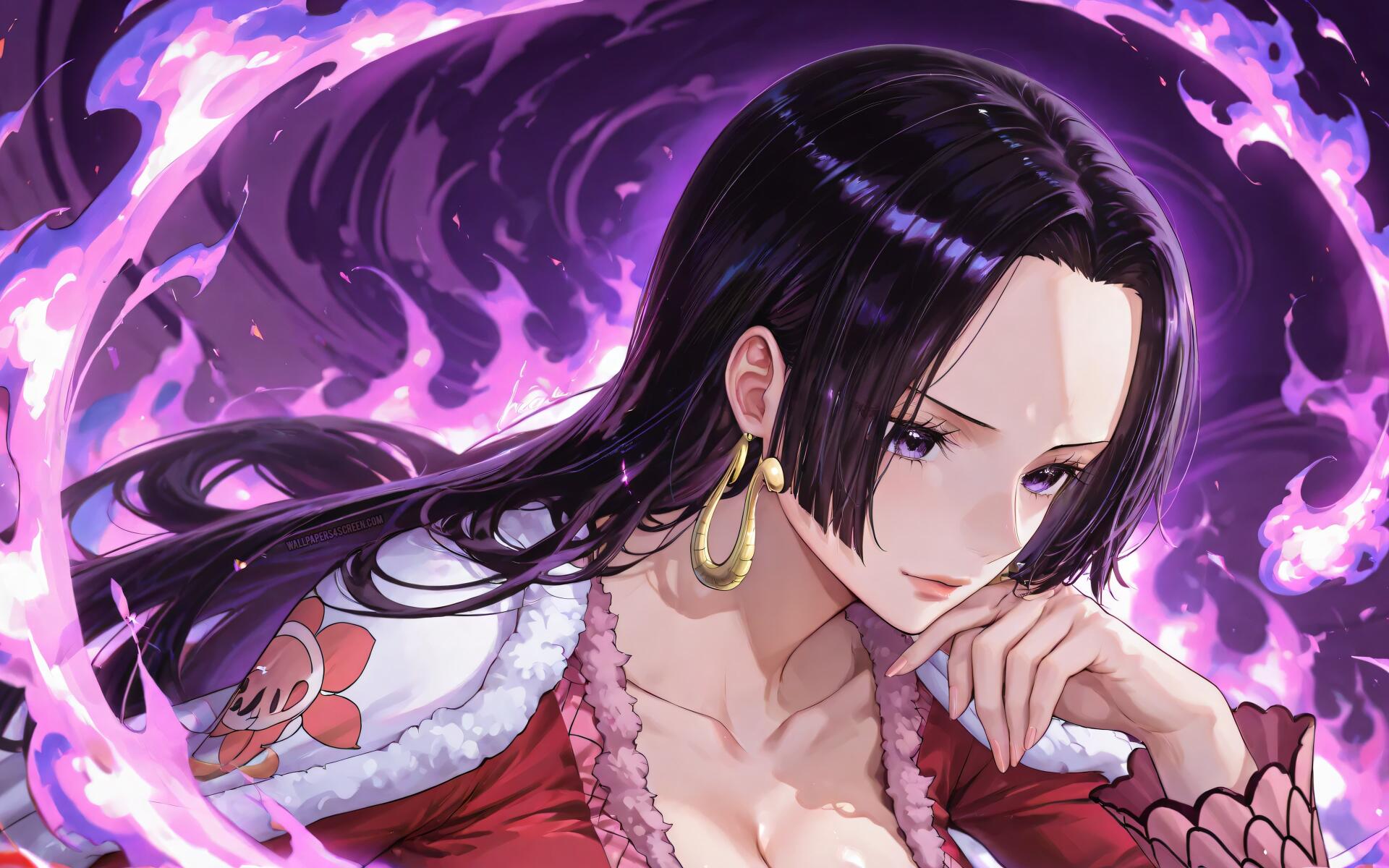 Boa Hancock from One Piece in manga/anime style — contemplative pose, flowing dark hair, red outfit and gold earrings, purple flame aura. 4K Ultra HD PC desktop wallpaper/background.