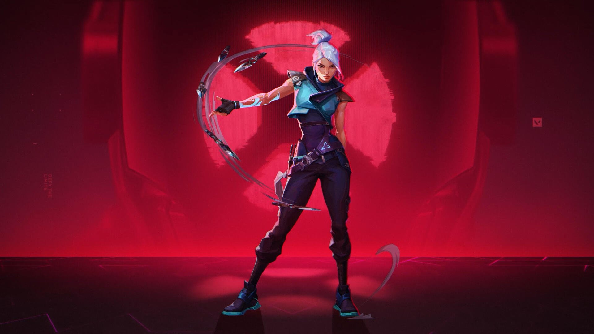 Jett (Valorant) poised with her blade and wind trails against a glowing red emblem — HD PC desktop wallpaper and background.