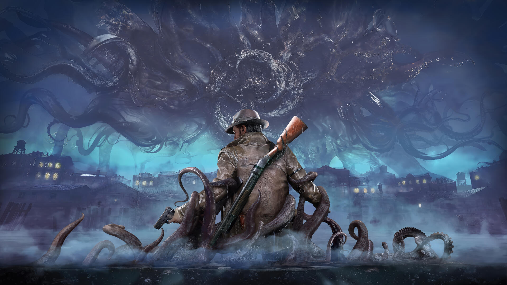 Sinking City 2 4K Ultra HD PC desktop wallpaper: lone trench‑coated hunter with rifle faces a tentacled sea horror rising over a flooded, neon‑lit city under swirling storm clouds.