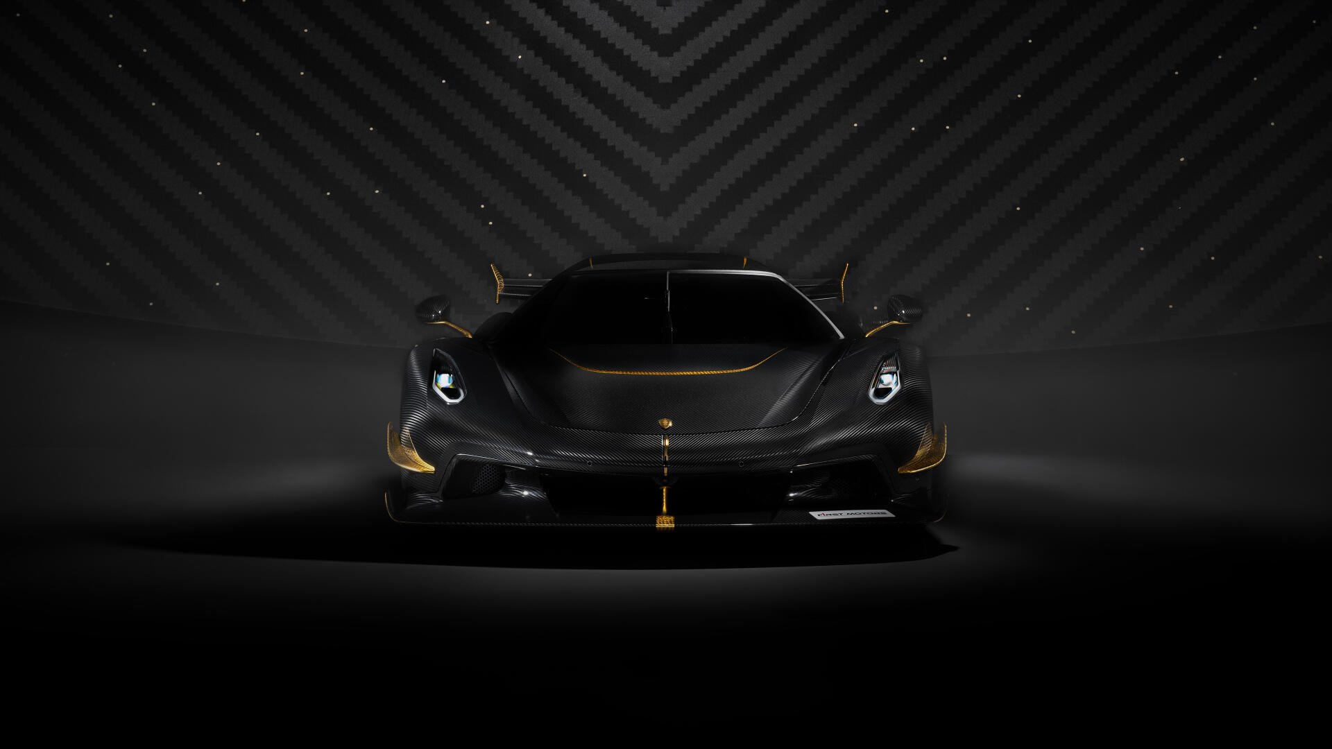Front view of a Koenigsegg Jesko sports car in dramatic dark lighting, 4K Ultra HD PC desktop wallpaper and background.