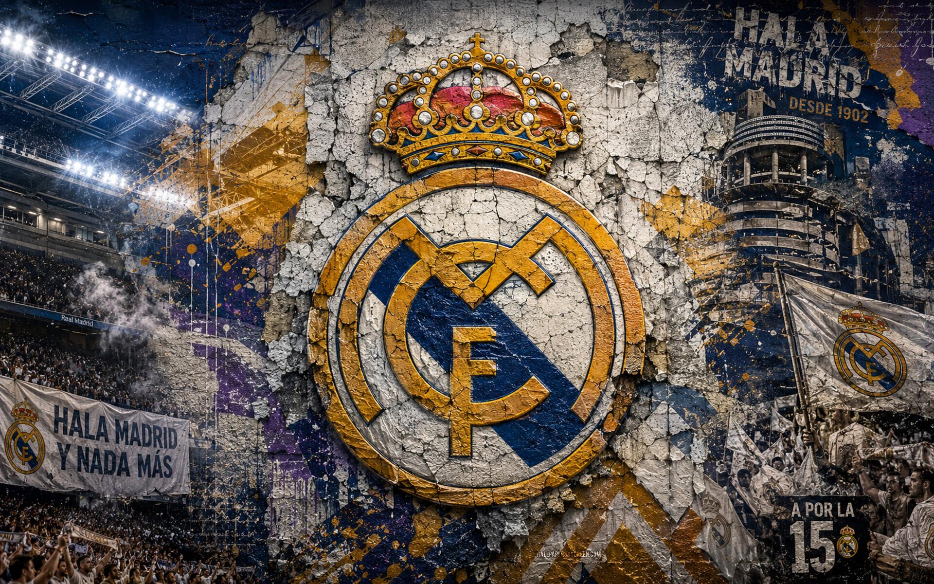 Grunge Real Madrid C.F. crest over stadium, fans and Hala Madrid banners — 4K Ultra HD PC desktop wallpaper and background highlighting soccer and sports.
