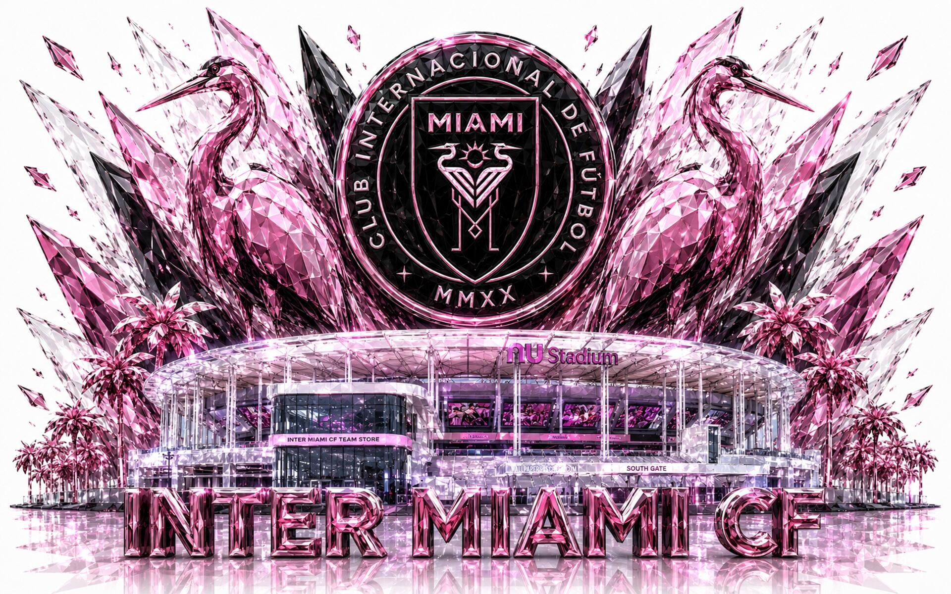 Inter Miami CF crest and flamingo wings rise over the club stadium with INTER MIAMI CF text — MLS soccer 4K Ultra HD PC wallpaper and background.