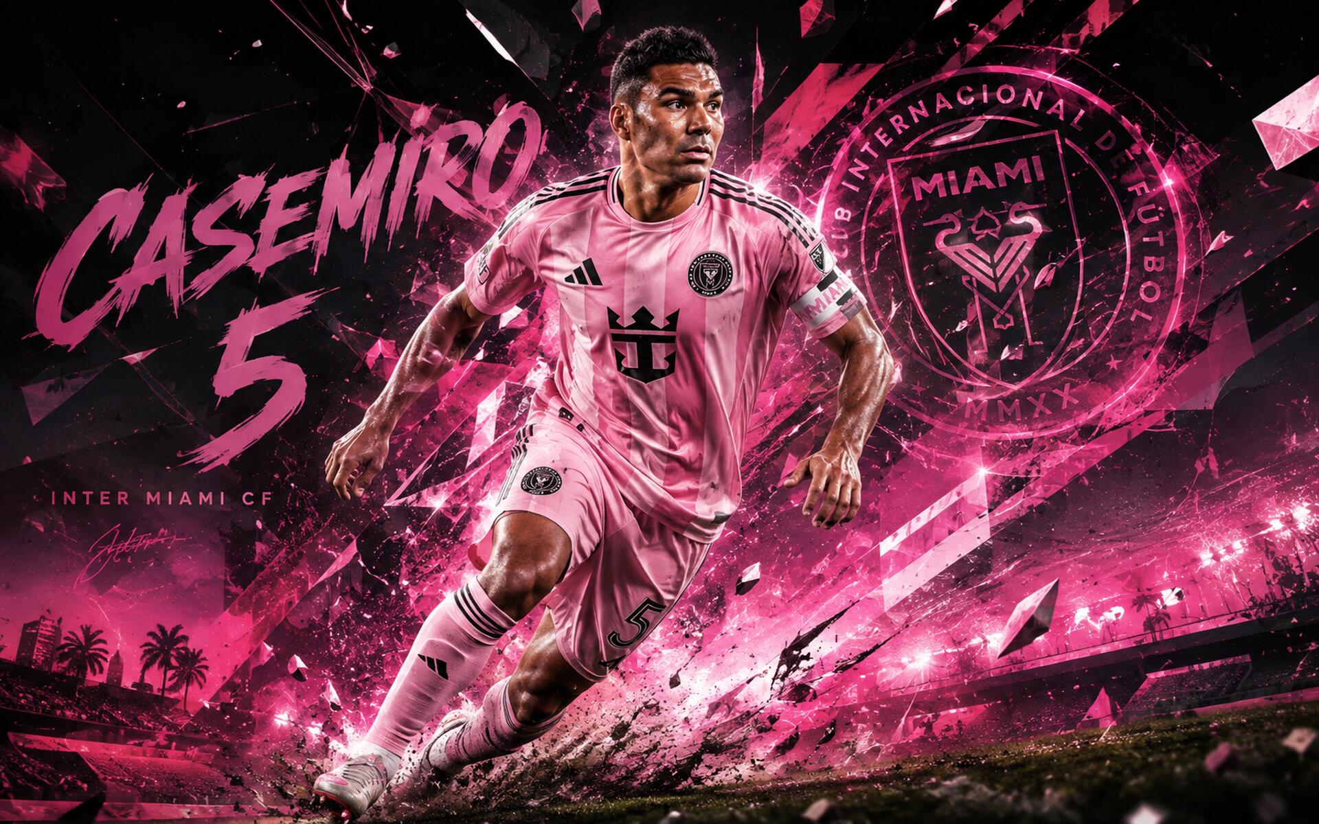 4K Ultra HD PC desktop wallpaper: Inter Miami CF MLS soccer player in pink No.5 kit surging past the club crest and Miami skyline in a dynamic shattered-pink design.