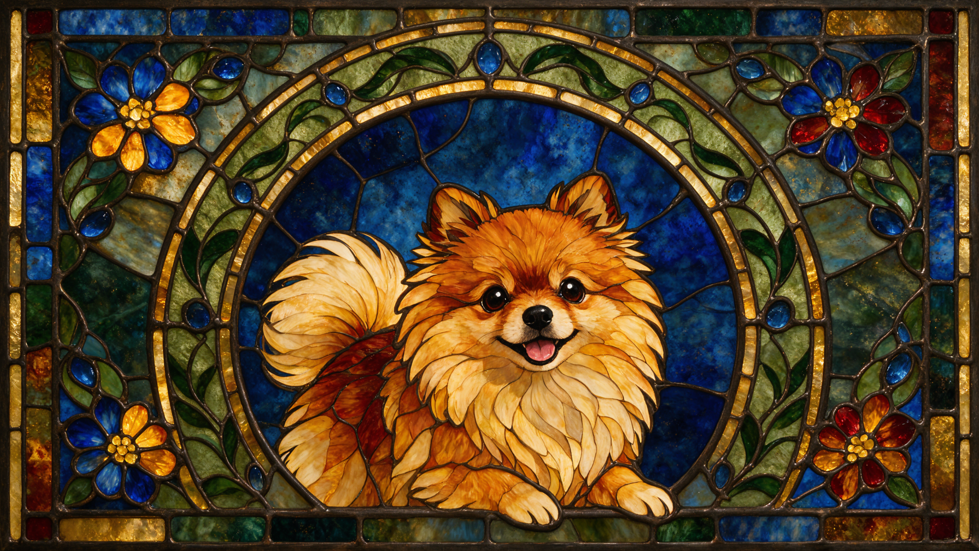 Stained-glass style Pomeranian dog portrait with floral border on a deep blue field — 4K Ultra HD PC desktop wallpaper and background.