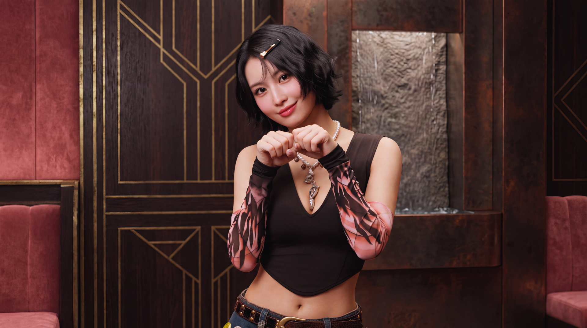 5K desktop wallpaper of a K-pop–styled woman with short black hair, wearing a black crop top and patterned arm sleeves, posing with a heart gesture against an ornate dark red and gold interior.
