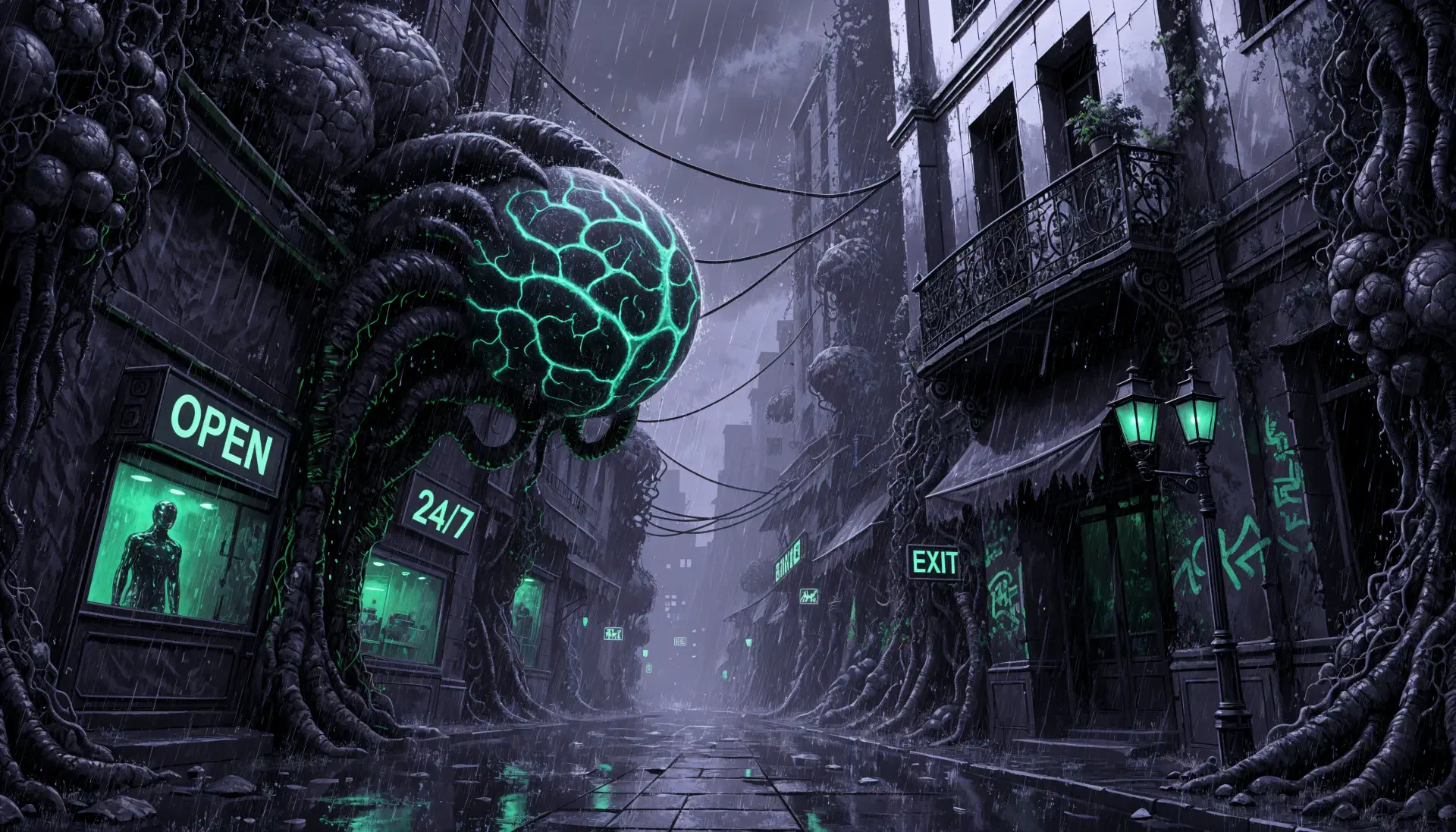 4K Ultra HD PC desktop wallpaper/background: rain‑slick alley overtaken by bioluminescent alien tentacle monsters, neon OPEN/EXIT signs — commercial exploitation artwork.