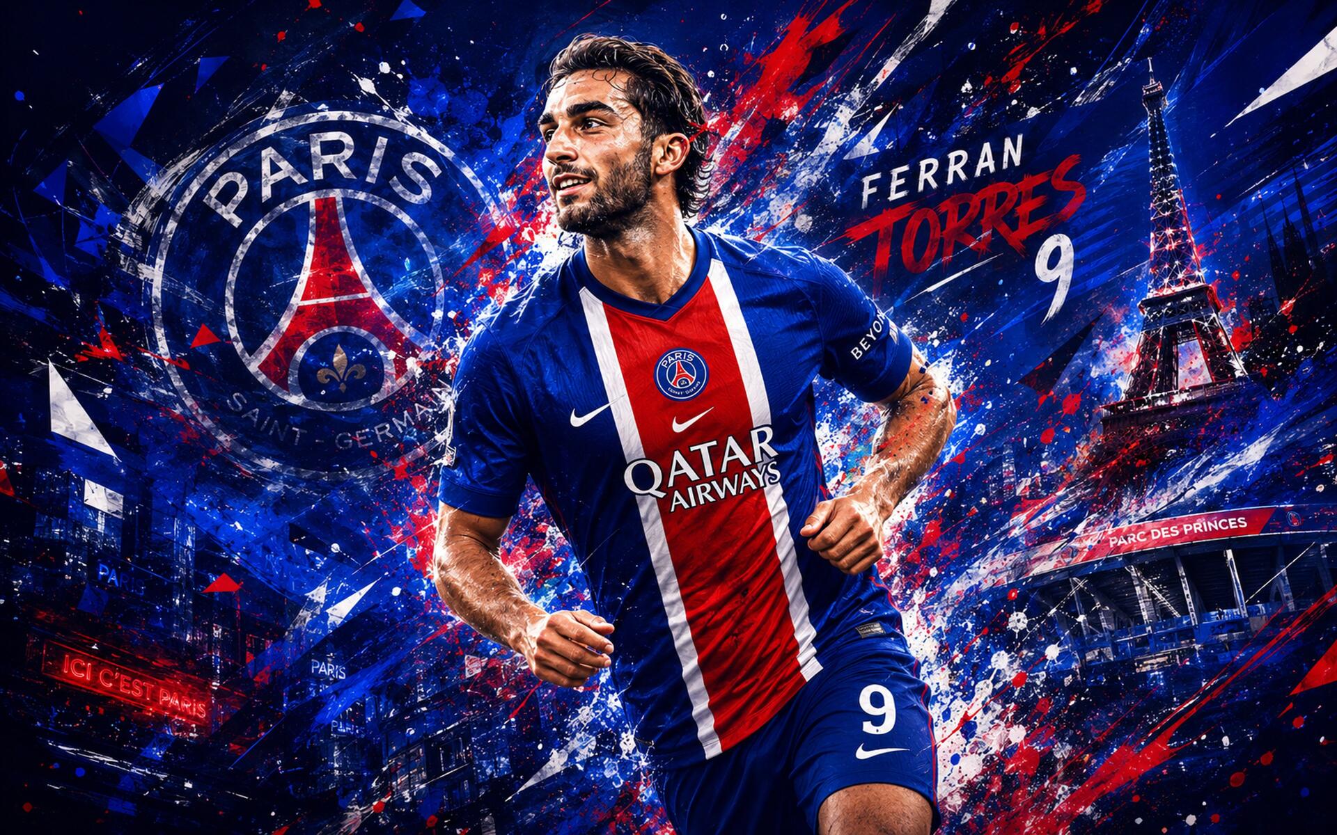 4K Ultra HD PC desktop wallpaper: Sports-themed soccer forward in Paris Saint-Germain F.C. kit (No. 9) amid dynamic blue and red streaks.