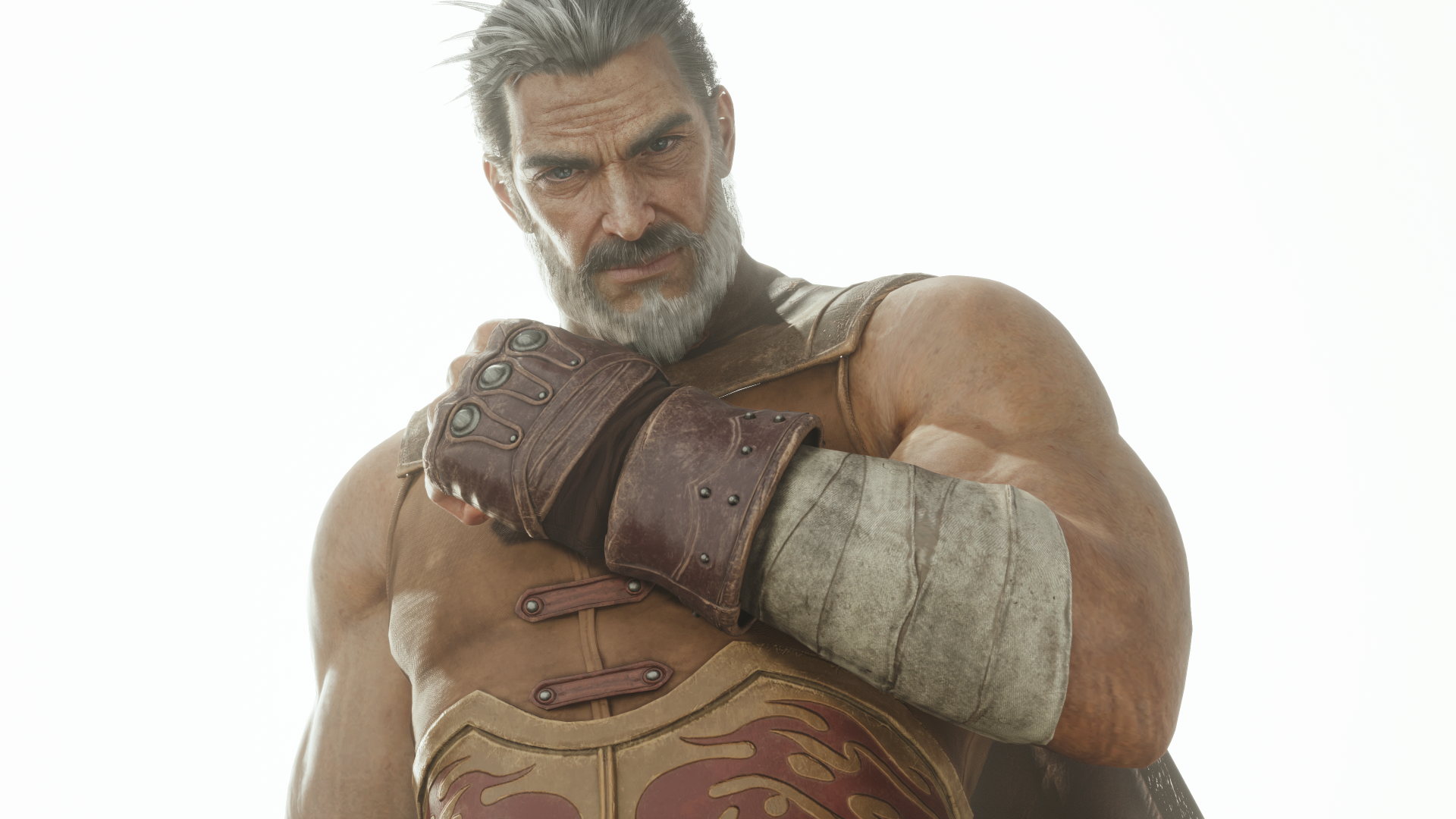 4K Ultra HD PC desktop wallpaper of a gray‑haired, bearded warrior in leather armor, cinematic portrait from Final Fantasy · Final Fantasy VII · FF7 Rebirth (Final Fantasy VII Rebirth)