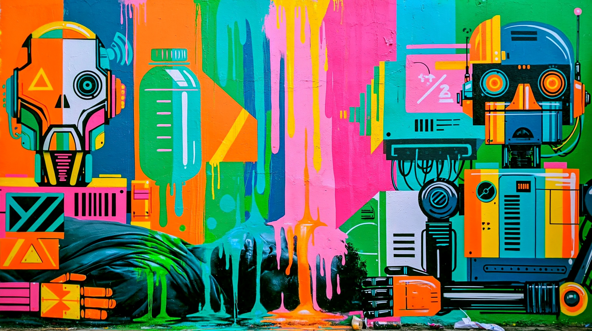 Colorful sci‑fi graffiti 2K Quad HD PC desktop wallpaper showing vibrant robots, dripping paint and urban tech motifs that blend machine forms with hints of humanity.