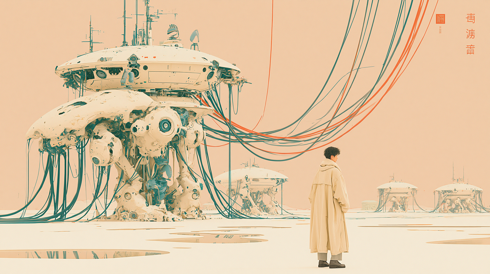 Science Fiction Sci‑Fi futuristic alien landscape: lone figure in a coat surveys massive cable-tethered biomech structures — 2K Quad HD PC desktop wallpaper background.