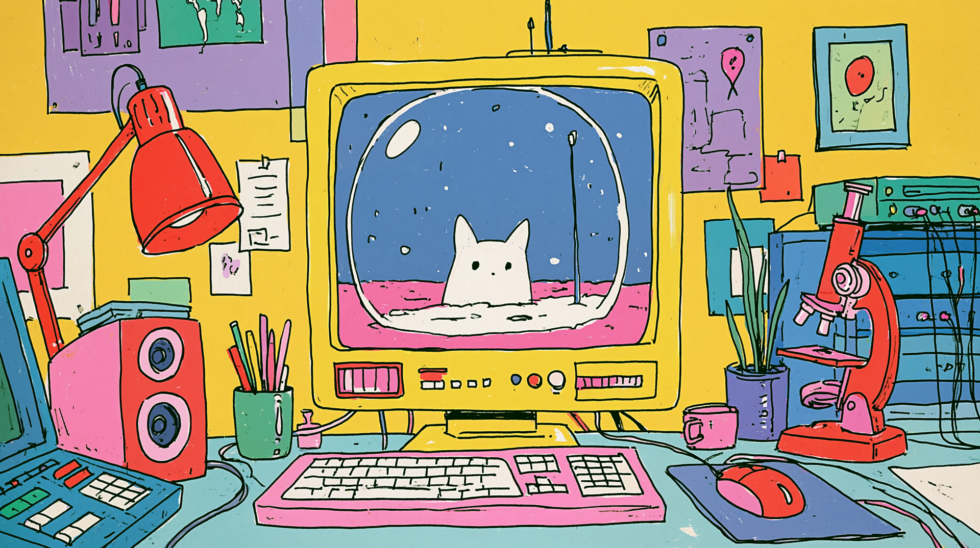 Whimsical 2K Quad HD PC desktop wallpaper: a white cat peeks from a retro computer monitor amid colorful desk gear — keyboard, lamp, speakers, mouse, and a microscope.